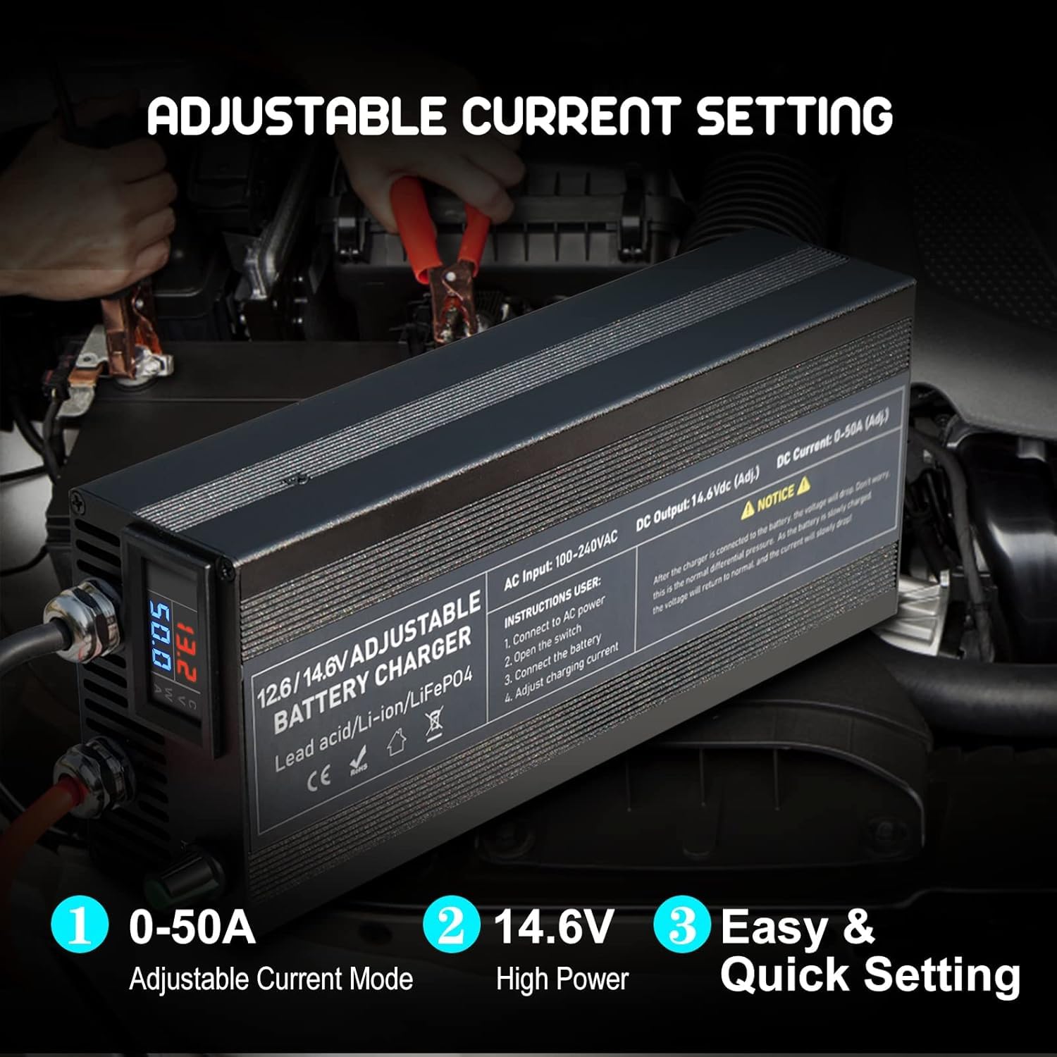 Caricabatterie LiFePO4 14.6V 0-50A Regolabile，Caricabatterie Intelligente 12V con Funzione di Mantenimento per Ricarica Rapida di Batterie al Litio per Auto, Camion, Moto, Tosaerba e Barche