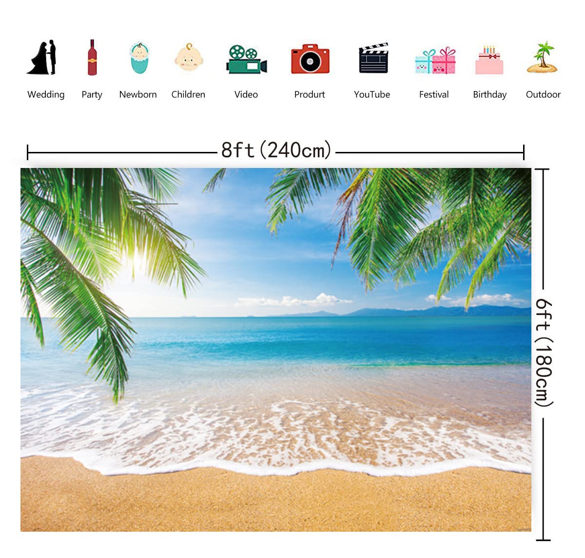 INRUI Tropical Beach Photographie Fond Été Palmiers Toile de Fond Bleu Mer Ciel Soleil Luau Thème Toile de Fond (2,4 x 1,8 m)