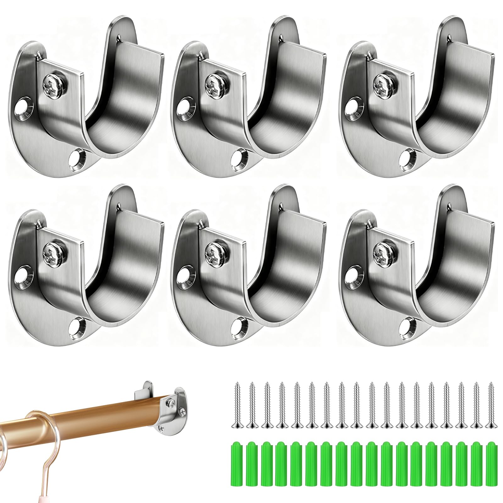 XdealCozyxc 6 Set 25 mm U-Shaped Wardrobe Rail Bracket, Stainless Steel Wardrobe Pole Brackets