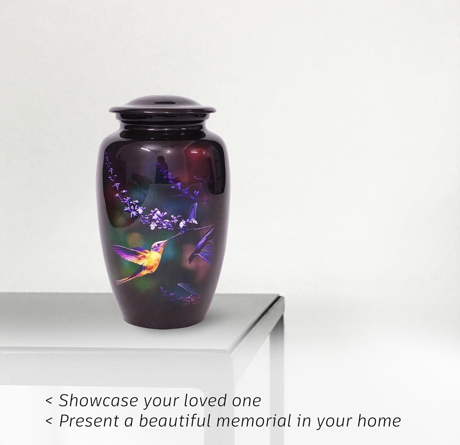 Urns for Human Ashes Adult Male Female - Decorative Cremation Urn for Women & Men - Funeral Burial Urn - Midnight Purple Hummingbird Design - Standard Size Memorial Urn for Ashes
