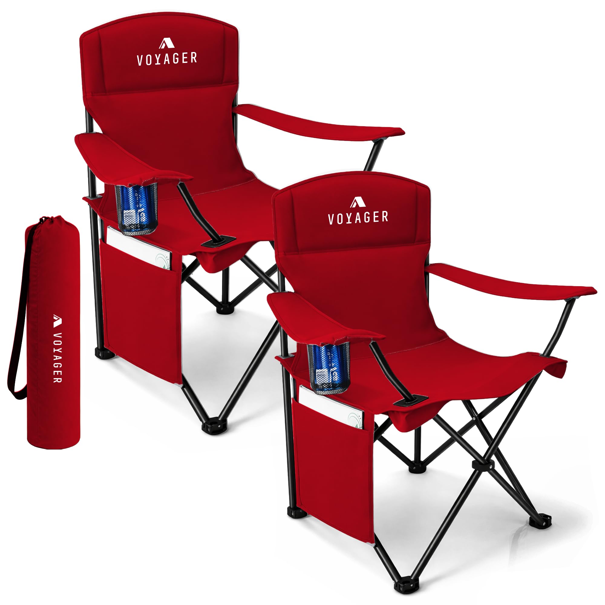 Voyager Folding Camping Chairs 2 Pack with Cooler Bag, Lightweight Q195 Steel Frame, 600D Oxford Fabric, Portable & Comfortable - Black (Red, Pouch)