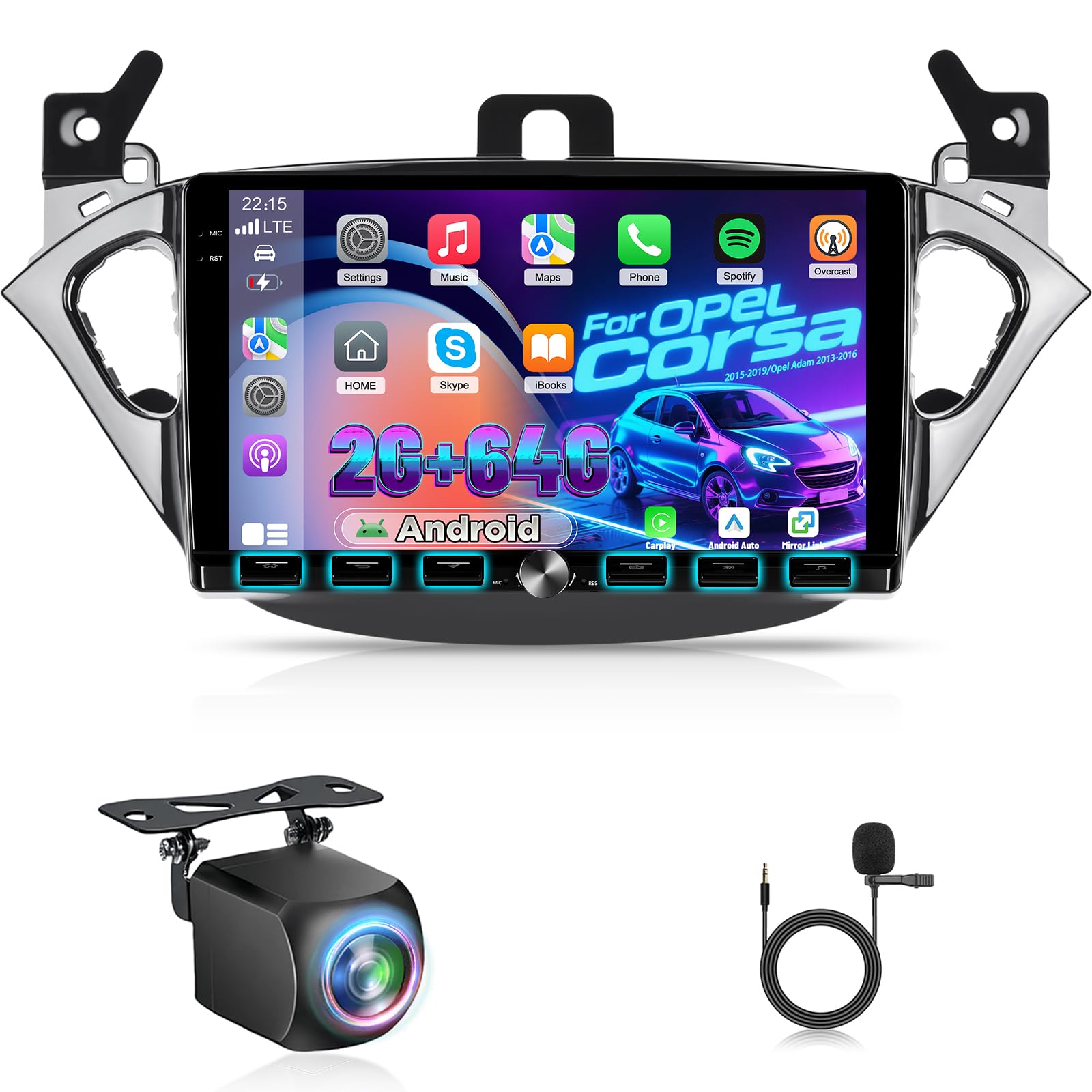 Autoradio pour Opel Corsa 2015-2019/Opel Adam 2013-2016, 2G+64G Écran Tactile Android 9 Pouces, égaliseur Bandes, CarPlay, Android Auto, Commandes au Volant, Bluetooth 5.0, Wi-FI