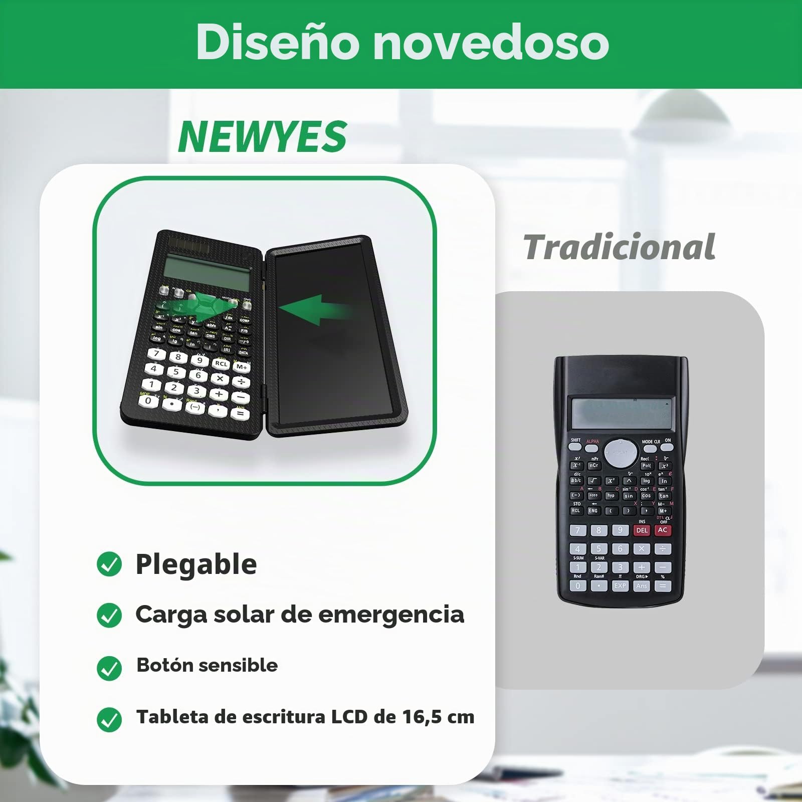 NEWYES Calculadora Científica con Tableta Escritura y Bolígrafo,991MS-Negro | 349 Funciones, Solar y Batería, Pantalla de 2 Líneas, Material Escolar para Estudiantes y Profesionales