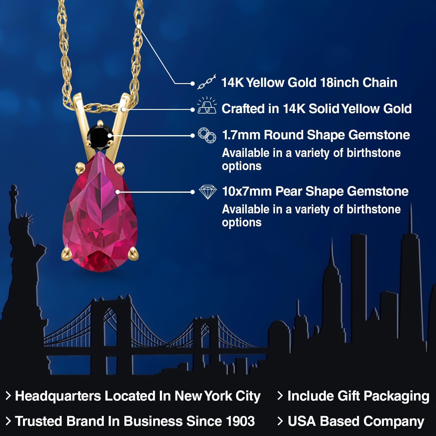 Gem Stone King 14K Yellow Gold Red Created Ruby and Black Diamond Pendant Necklace for Women | 2.24 Cttw | Gemstone July Birthstone | Pear Shape 10X7MM | With 18 Inch Chain - Image 2
