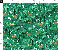 Vista 3 de Spoonflower Tela – Zorros Esmeralda Bosque Verde Conejitos Bosque Animales Lindos Niños Zorro Impreso en Petal Signature Tela de Algodón por The