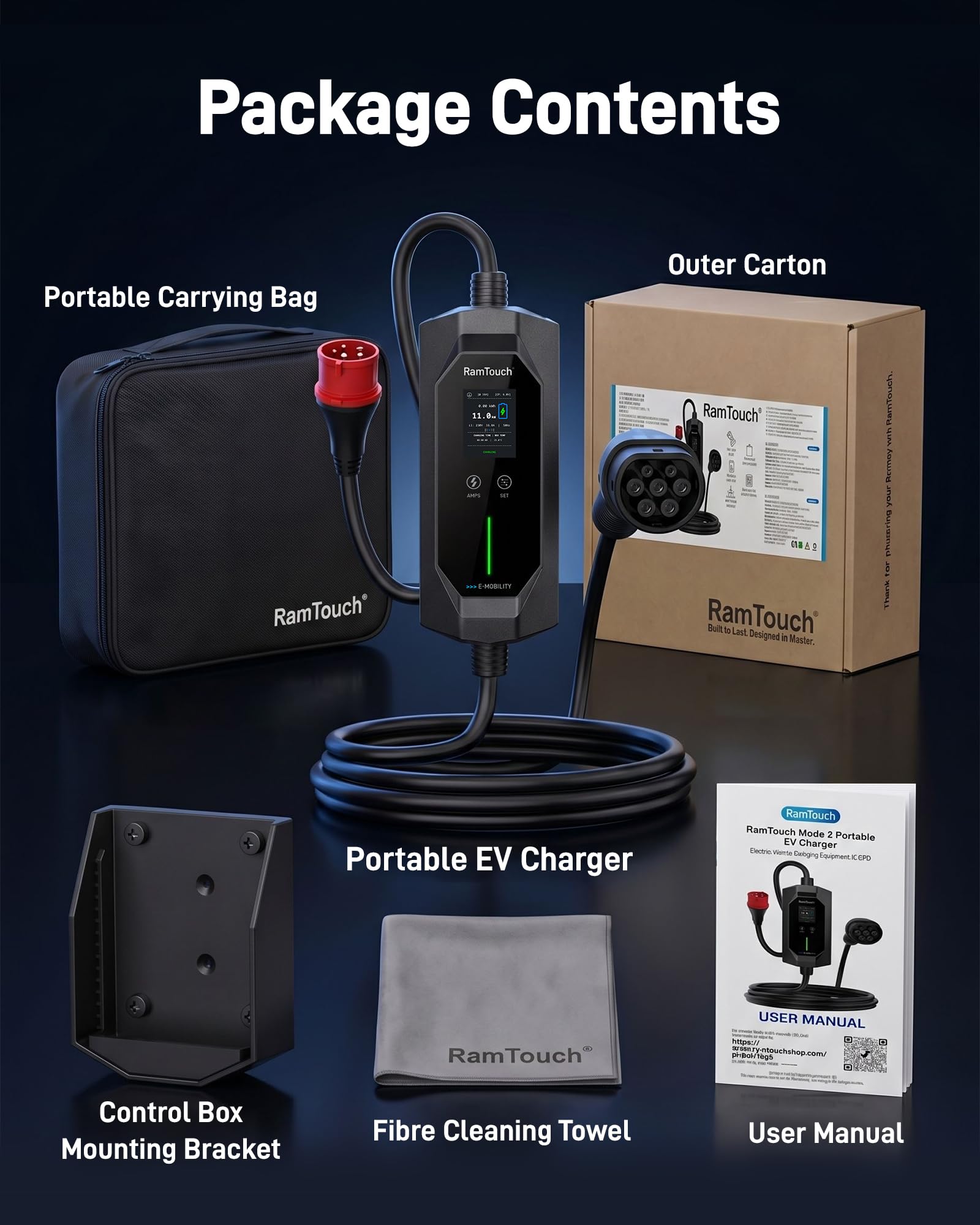 Cargador Coche Eléctrico 11 kW, 16 A, 5 m | CEE Rojo 5P a Tipo 2 | Trifásico | IP67 | 6–16 A | Timer + inicio diferido | LCD 2,4" | RCD CA/CC | Cable Modo 2 / wallbox móvil | para VE y PHEV