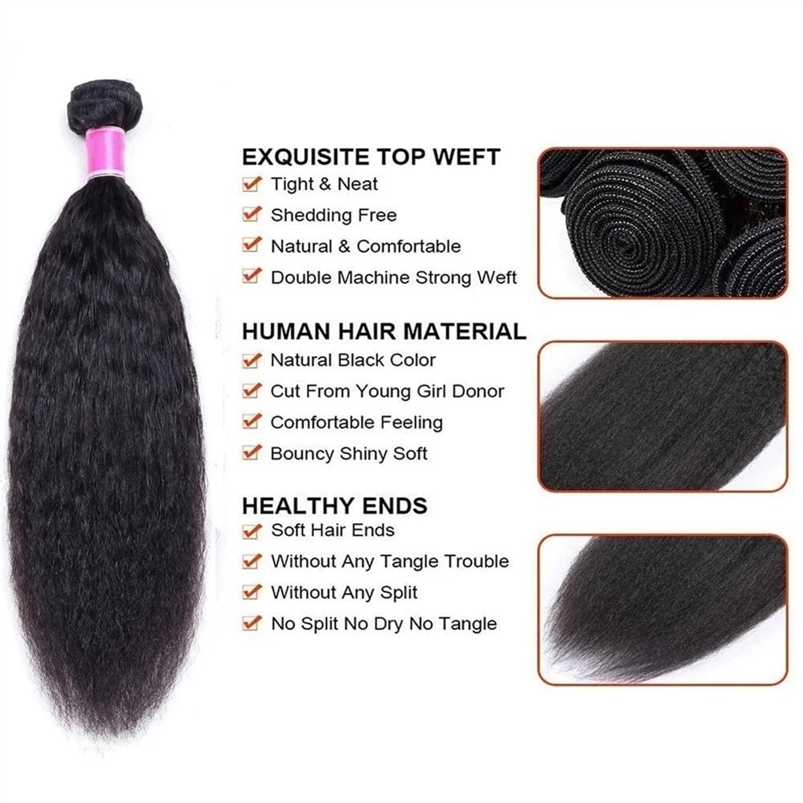Extensions de cheveux Lot de 1/3/4 mèches de cheveux humains crépus lisses Yaki, couleur naturelle, extension de cheveux brésiliens Remy Faisceaux de cheveux humains(36 36 36 36)