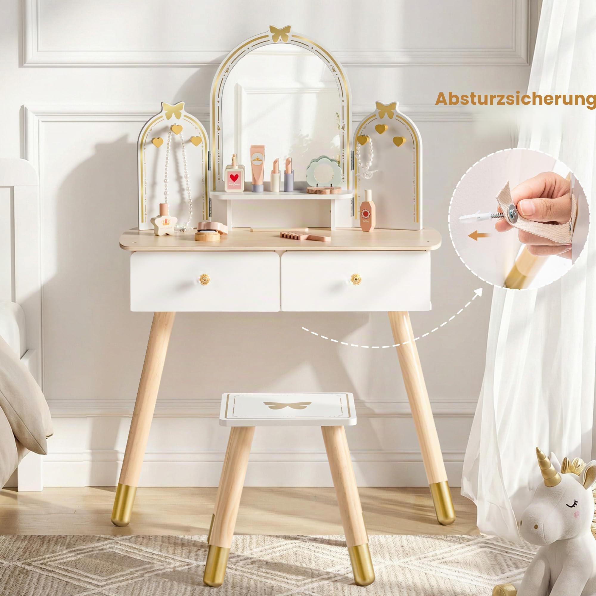 ROBUD Kinder Schminktisch mit Hocker: Mädchen kinderschminktisch mit Spiegel, Rollenspiel Schminktisch für Kinder, Frisiertisch mit Schublade und Zubehör für Kinderschminke, ab 3 Jahren （Weiß-golden）