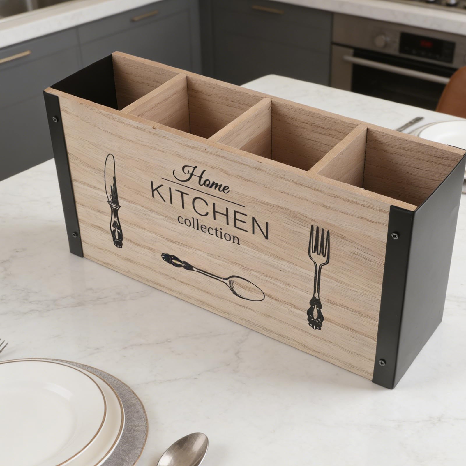 Organisateur de Cuisine en Bois à 4 Compartiments pour ustensiles et Couverts - Idéal pour Le Plan de Travail ou Le comptoir.
