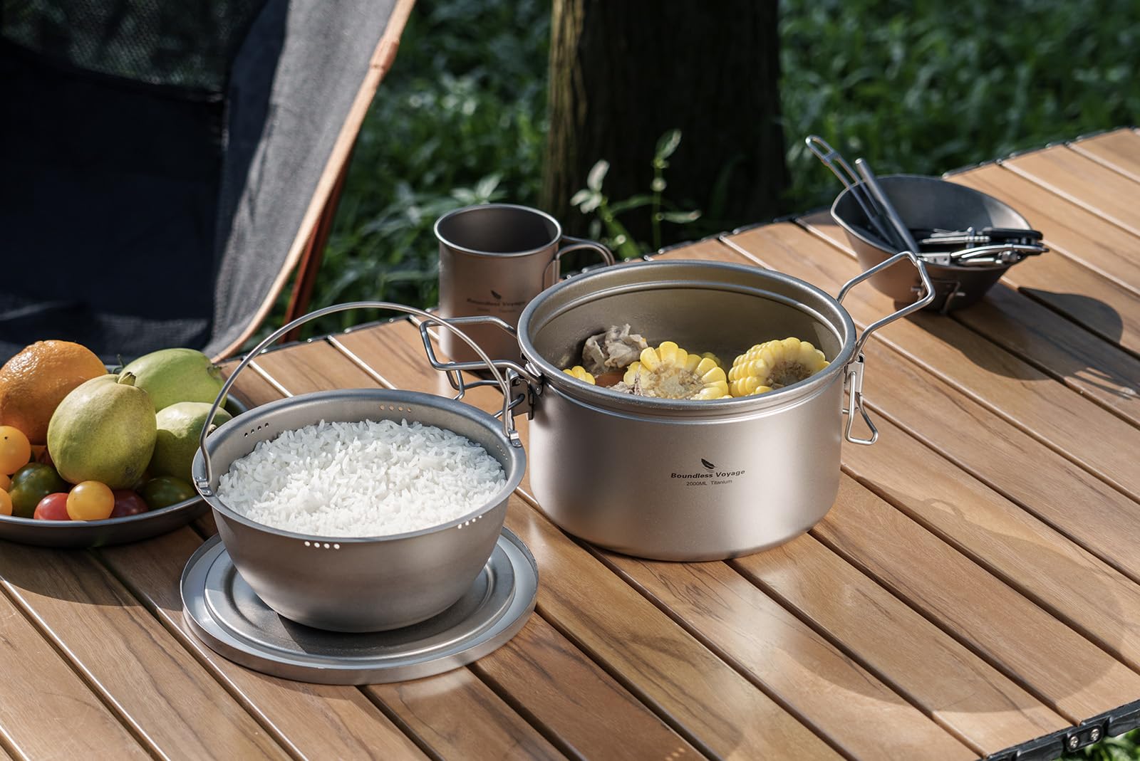 iBasingo Pentola per zuppa di riso in titanio da 2 litri con coperchio pentole da campeggio portatile da cucina kit per interni ed esterni pentola multifunzione ultraleggera fornello multifunzione