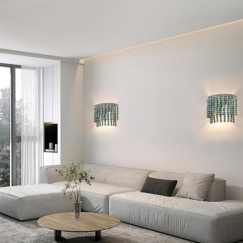 Miniatura 3 de Apliques de pared con cuentas de madera bohemia, lámpara de pared rústica antigua de granja, accesorio de iluminación gris con acabado Blu para