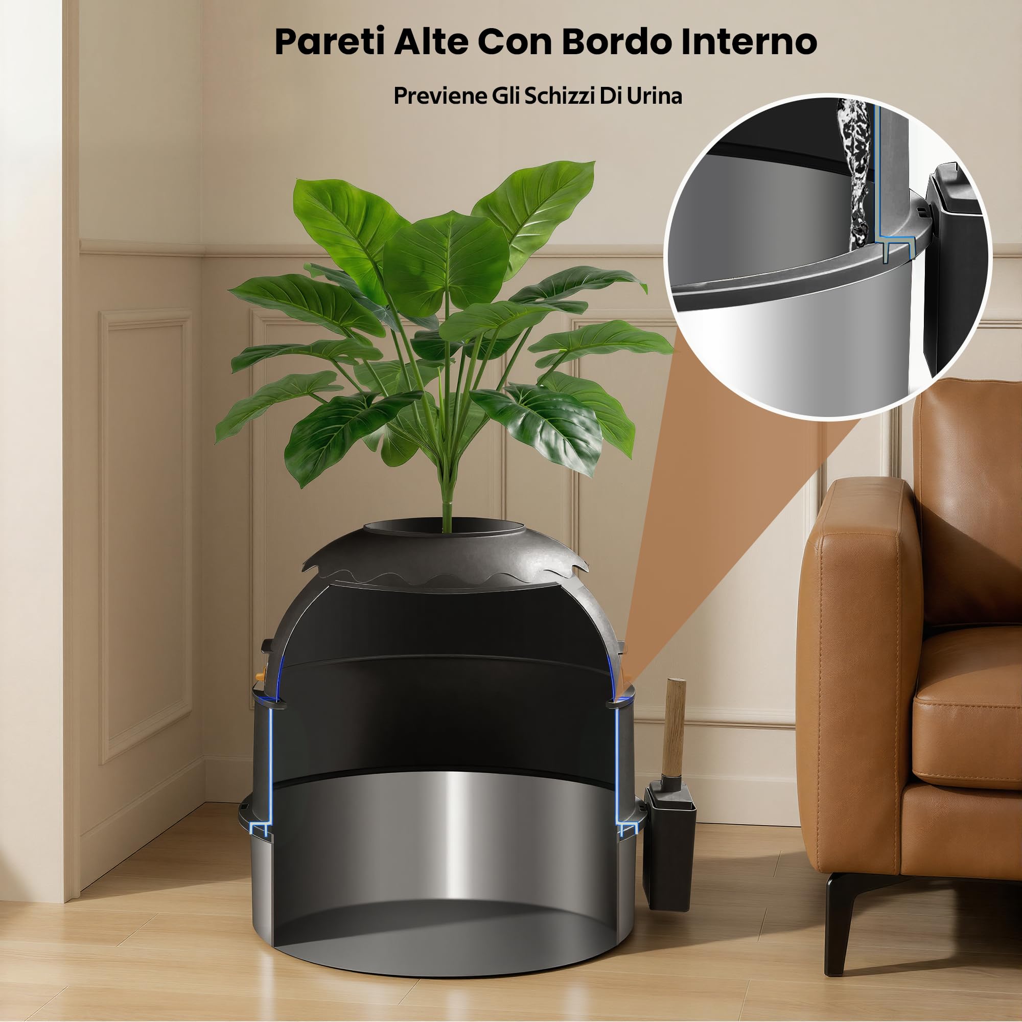 lettiera gatto chiusa in acciaio inox con pianta finta, mobile copri lettiera con porta trasparente, antiodore, facile da pulire (Nero)