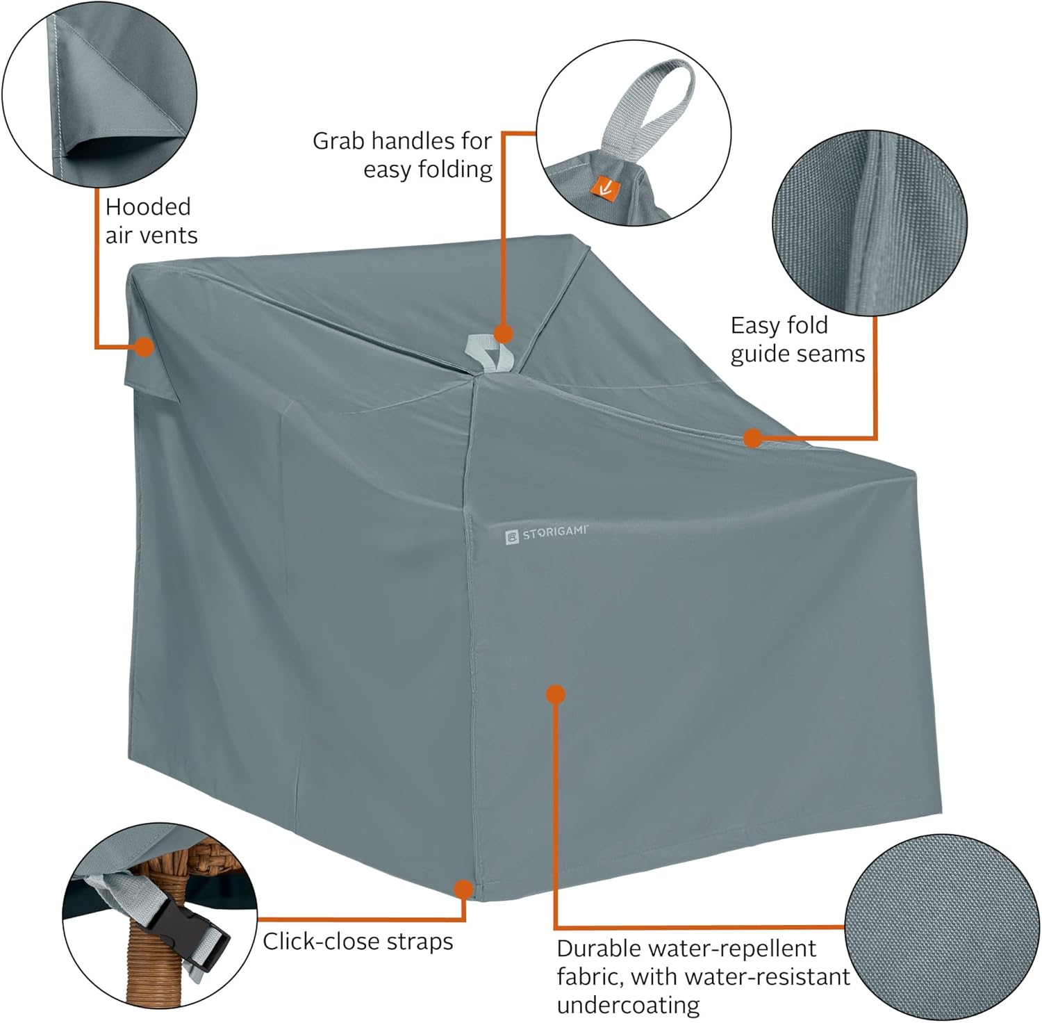 Classic Accessories Storigami Water-Resistant 36 Inch Easy Fold Lounge Chair Cover, Monument Grey, Patio Furniture Covers