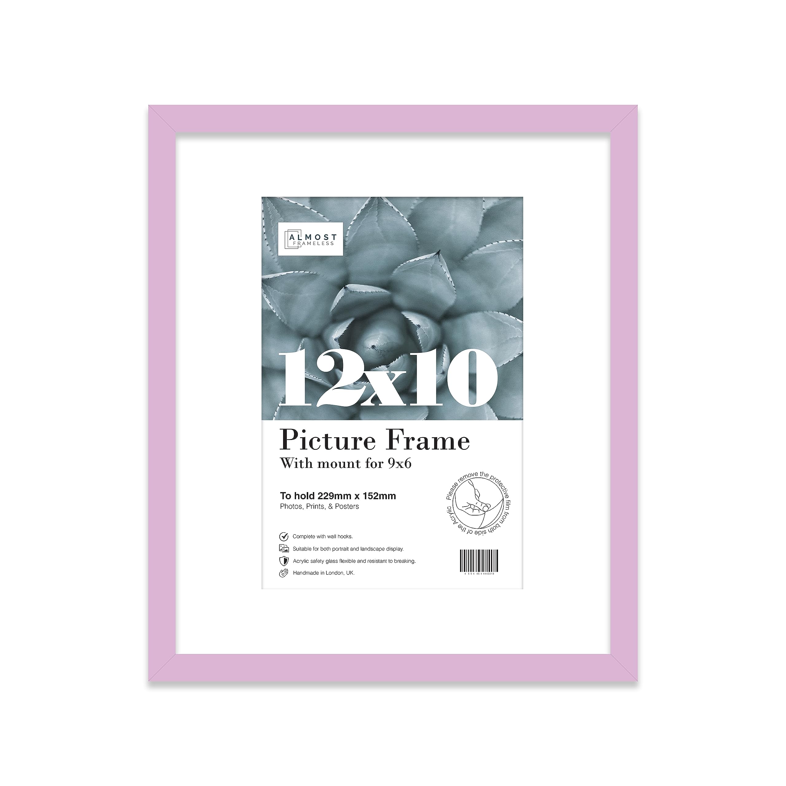 Almost Frameless 12x10 Lilac Picture Frame With Mount for 9x6 Print, Poster or Photo Poster, Photo, Artwork, or Print. Thin Edge Slim Frame Portrait and Landscape Display with Wall Hooks
