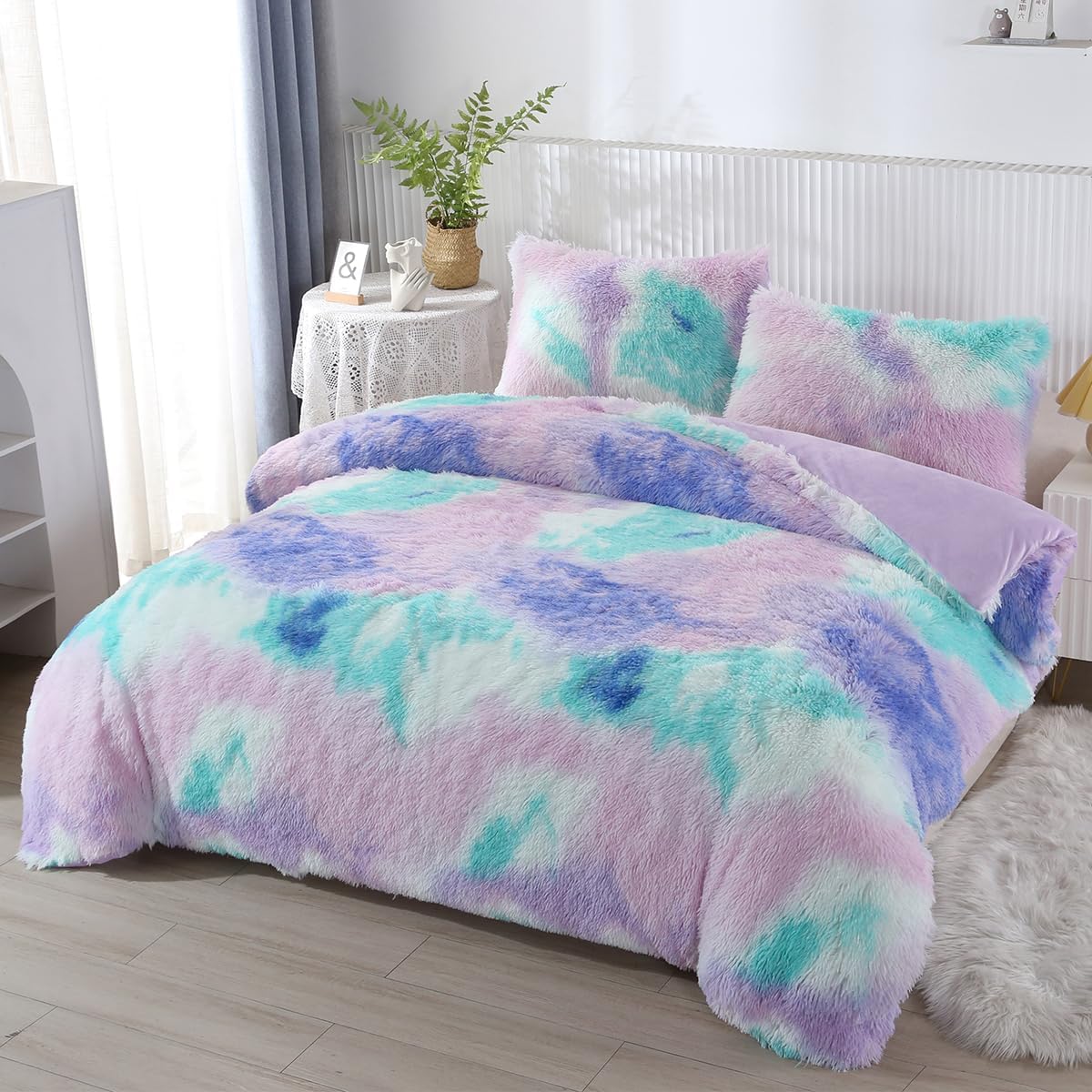 PERFEMET Purple Plush Shaggy Comforter Set Full Size Tie Dye Faux Fur Rainbow Bedding Set for Girls Ultra Soft Warm Fluffy Furry Bed Sets(Purple, Full)