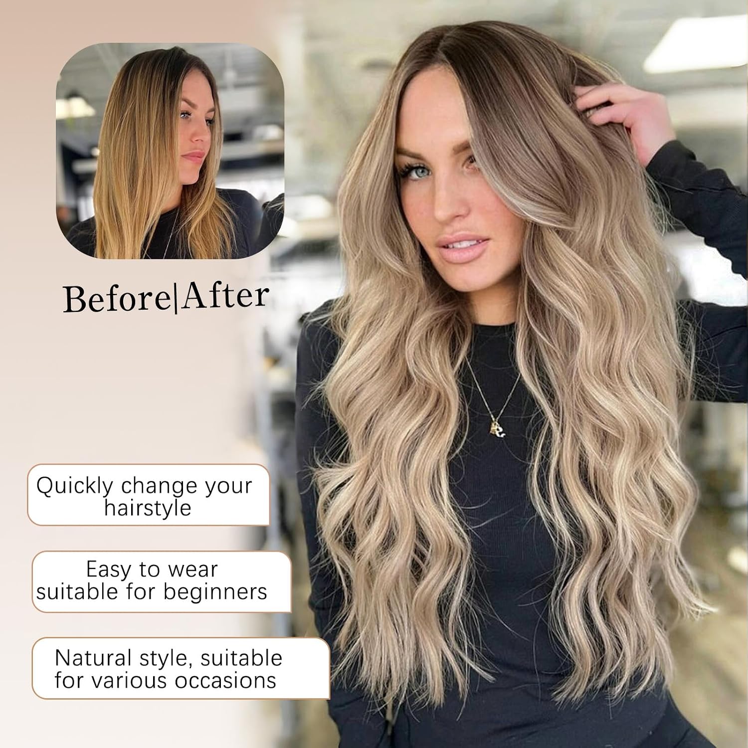 XIXIBI Ombre Blonde Wigs for Women, Long Blonde Wavy Wig, 26 Inch Middle Part Natural Looking Synthetic Heat Resistant Wig for Daily Party Cosplay Use