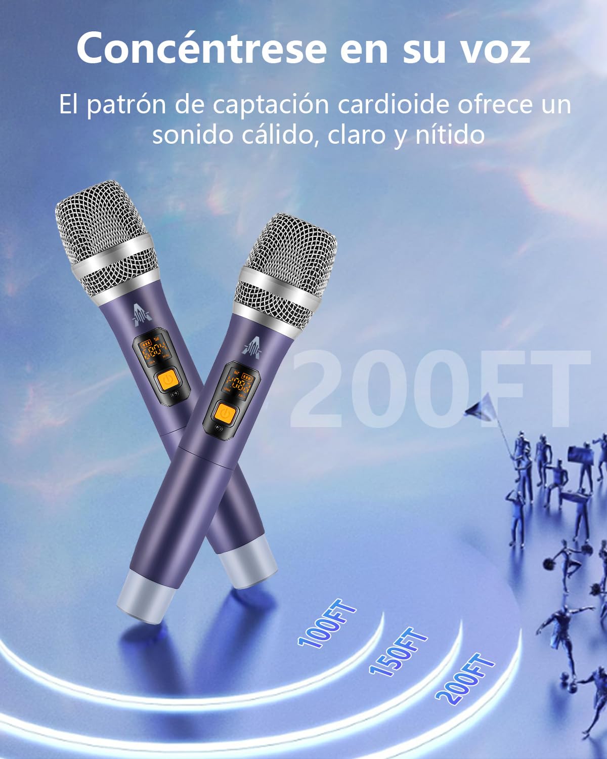 Micrófono inalámbrico, UHF Metal doble de mano inalámbrico sistema de micrófono dinámico con receptor recargable (40H Duración, 200 pies de alcance) para cantar, karaoke, iglesia, discurso, boda