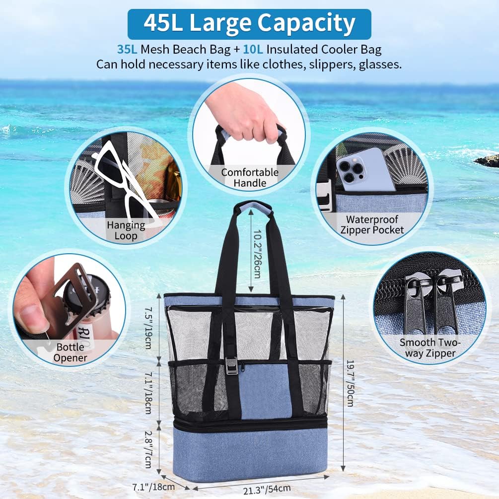 ATARNI Extra Large Mesh Beach Bag: Sandproof Top Zipper Big Tote with Detachable Insulated Cooler for Picnic Pool Travel
