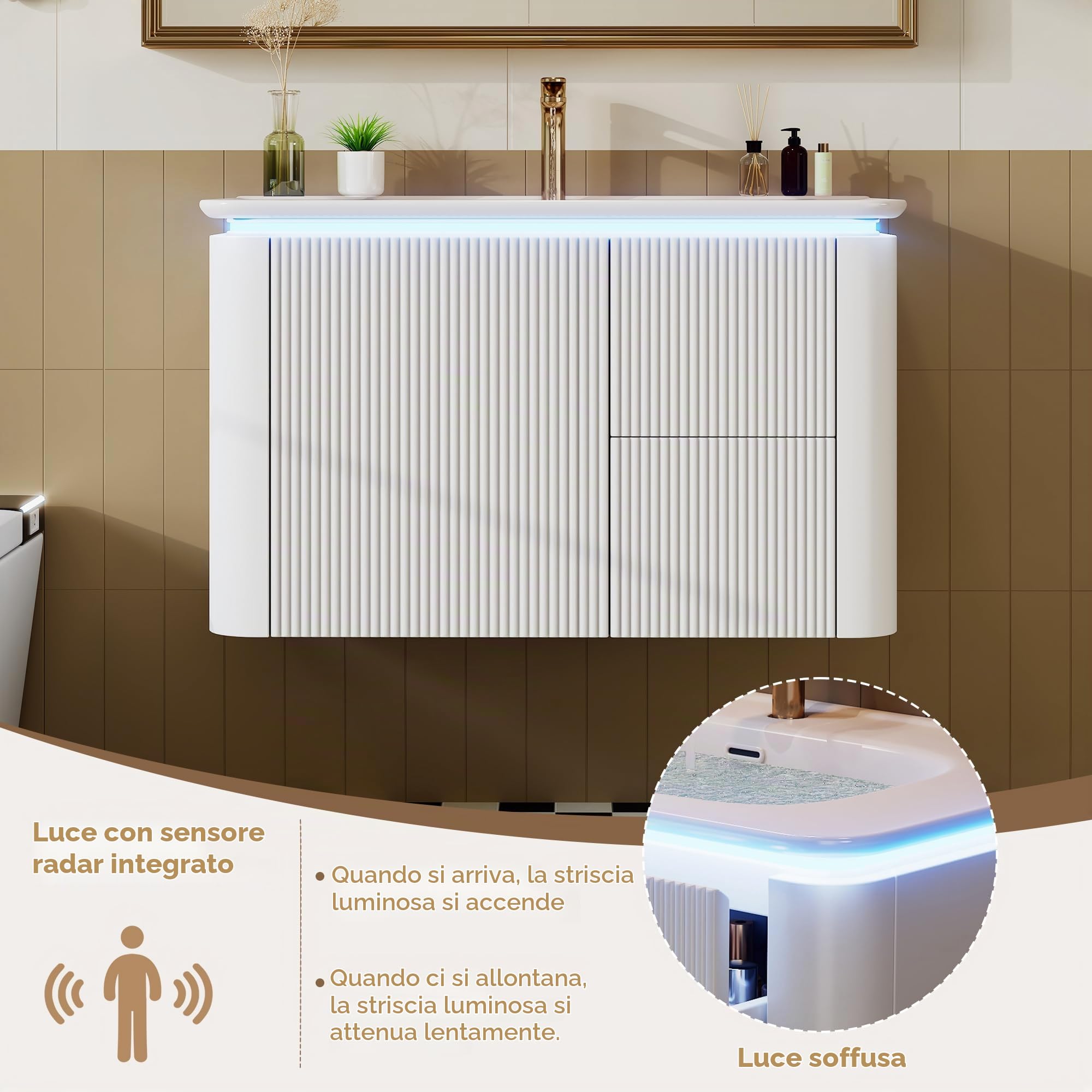 80,5 × 47,5 × 51 cm, mobiletto da bagno a parete sospeso, completamente laccato, struttura verticale, lampada LED con sensore di movimento radar, cassetti silenziosi, lavabo in un unico pezzo