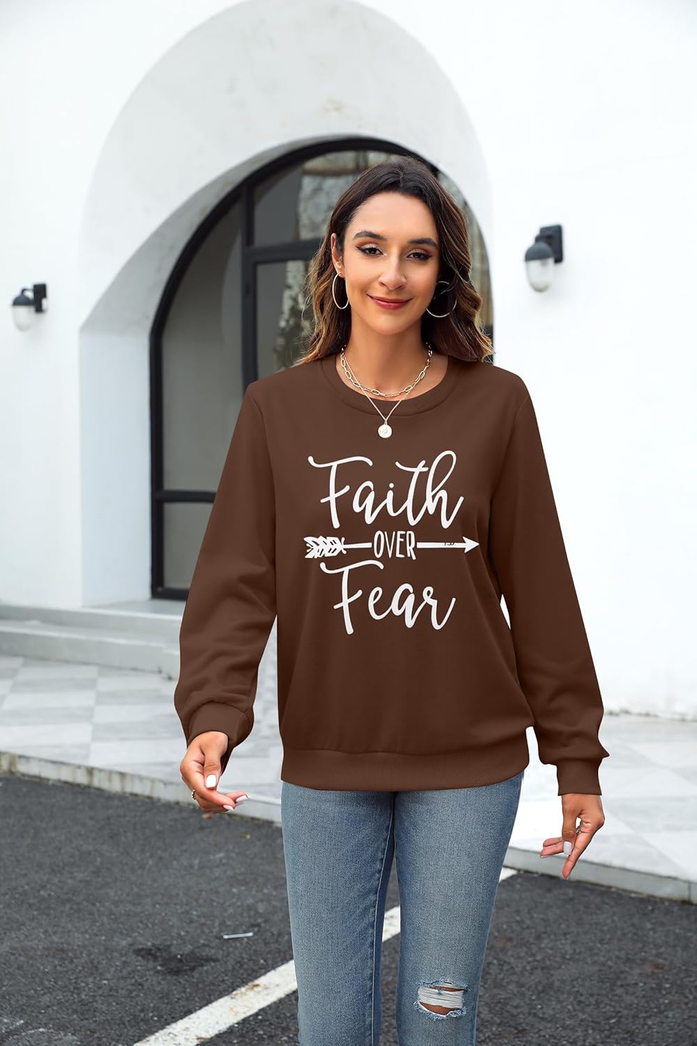 Condition photo showing New/Like New for kneyatta women christian sweatshirt faith over fear shirt christian religious crewneck long sleeve t-shirt brown x-large