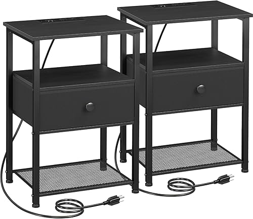 Miniatura 12 de Juego de 2 Mesitas de Noche, Mesita de Noche LED con Estación de Carga, Mesas Auxiliares para Sala de Estar con Cajón de Tela, Mesitas de Cama