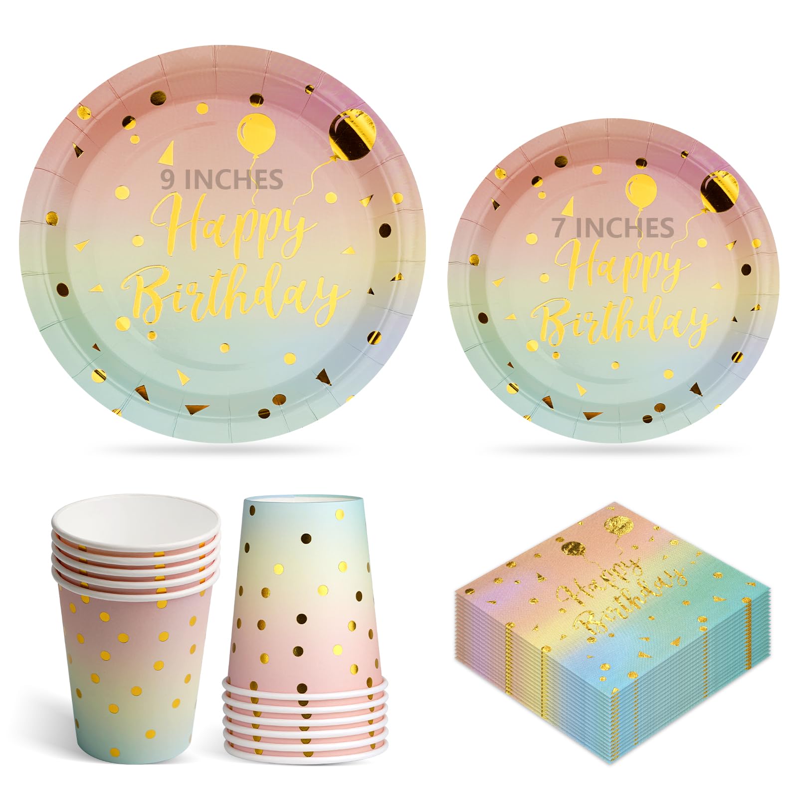100Pcs Happy Birthday Party Plates Cups and Napkins, 9" and 7" Pink Blue Gold Disposable Paper Plates, Paper Dessert Cake Plate, Strong Party Tableware Set 25 Guests for Birthday Decorations