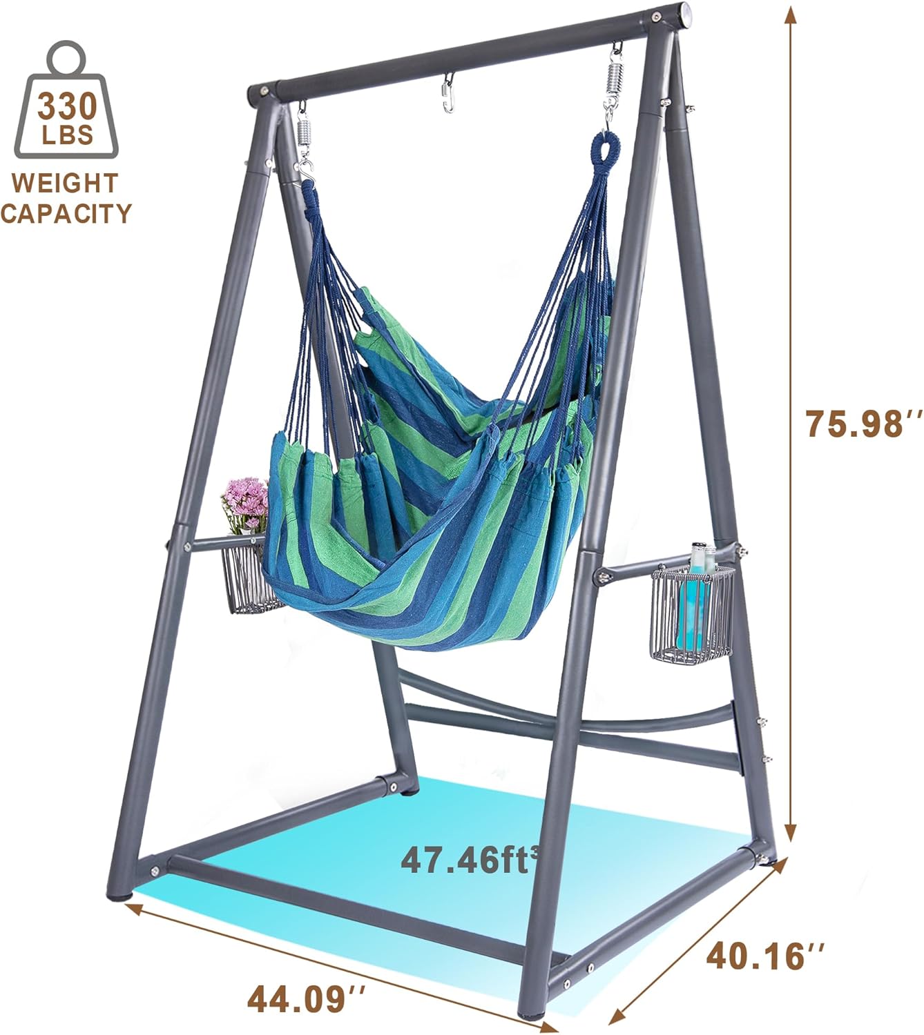 Hammock Chair Hanging Rope Swing & Stand Set with Two Holders, Heavy Duty Hanging Stand with Three Hooks, Multi-Use for Indoor Outdoor Patio Yard Garden(Grey & Blue)