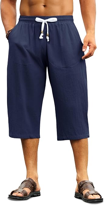 Cotrasen Mens Cotton Linen Capri Pants Light Baggy 3/4 Shorts Drawstring Elastic Waist Beach Casual Yoga Pants