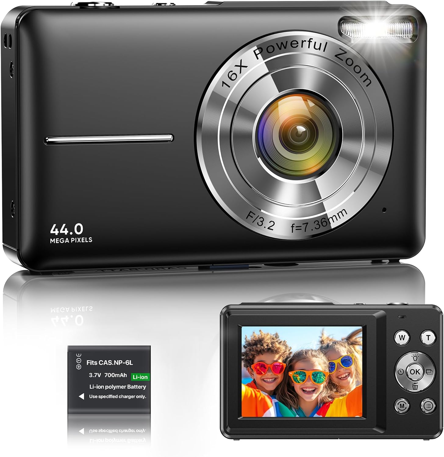 Digital Camera 1080P 44MP Vlogging Camera for Kids Teens, FHD Compact Portable Photo Camera with 2.4″ Screen 16X Zoom, Anti-shake Mini Camera for Beginners Students Boys Girls-Black (No SD Card)