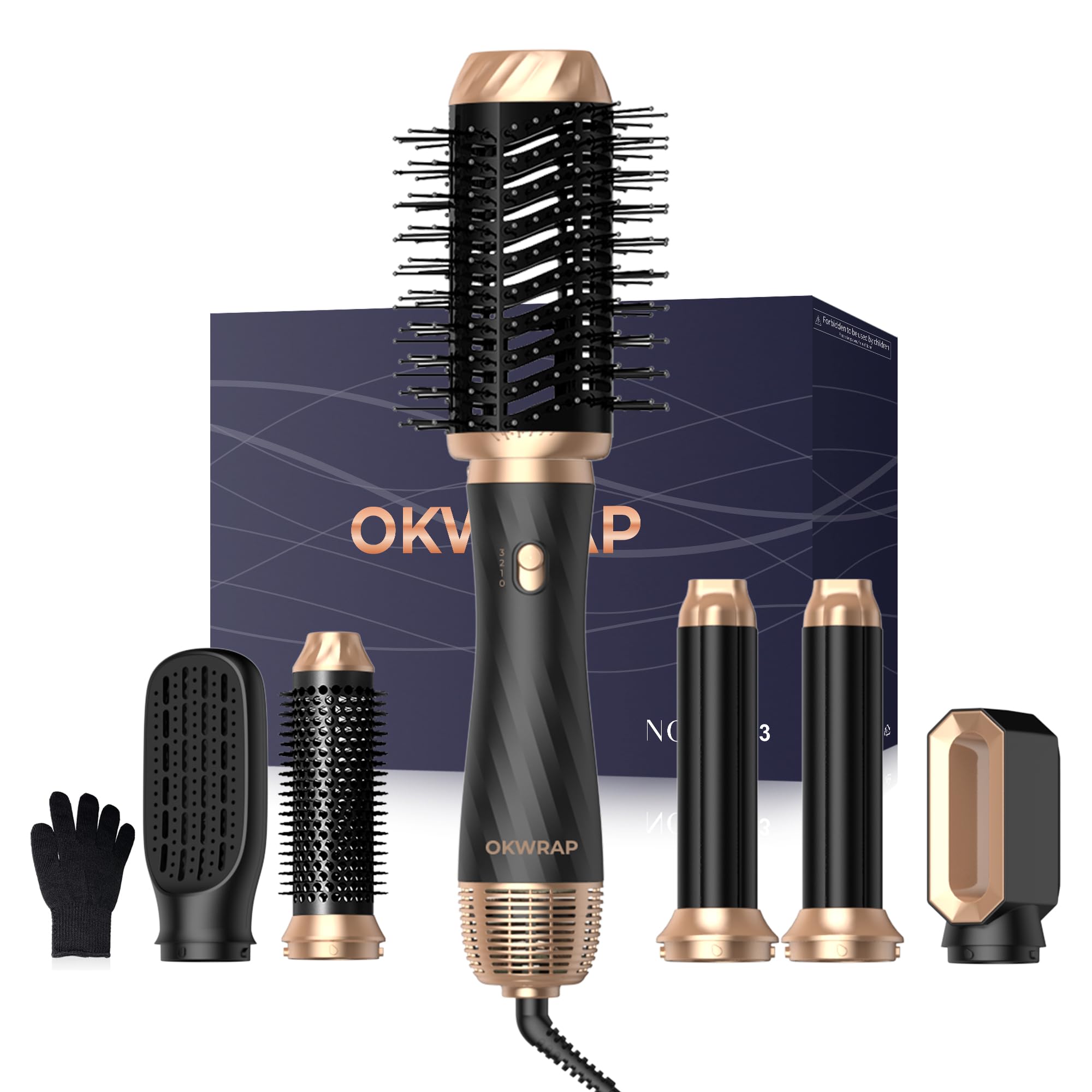 Airbrush 6 en 1OKWRAP Air Styler 6 en 1 Sèche-Cheveux, Brosse Soufflante Hair Styler Avec 6 Accessoires, Seche Cheveux, Fer a Boucler, Brosse Soufflante, Pour Sécher, Lisser