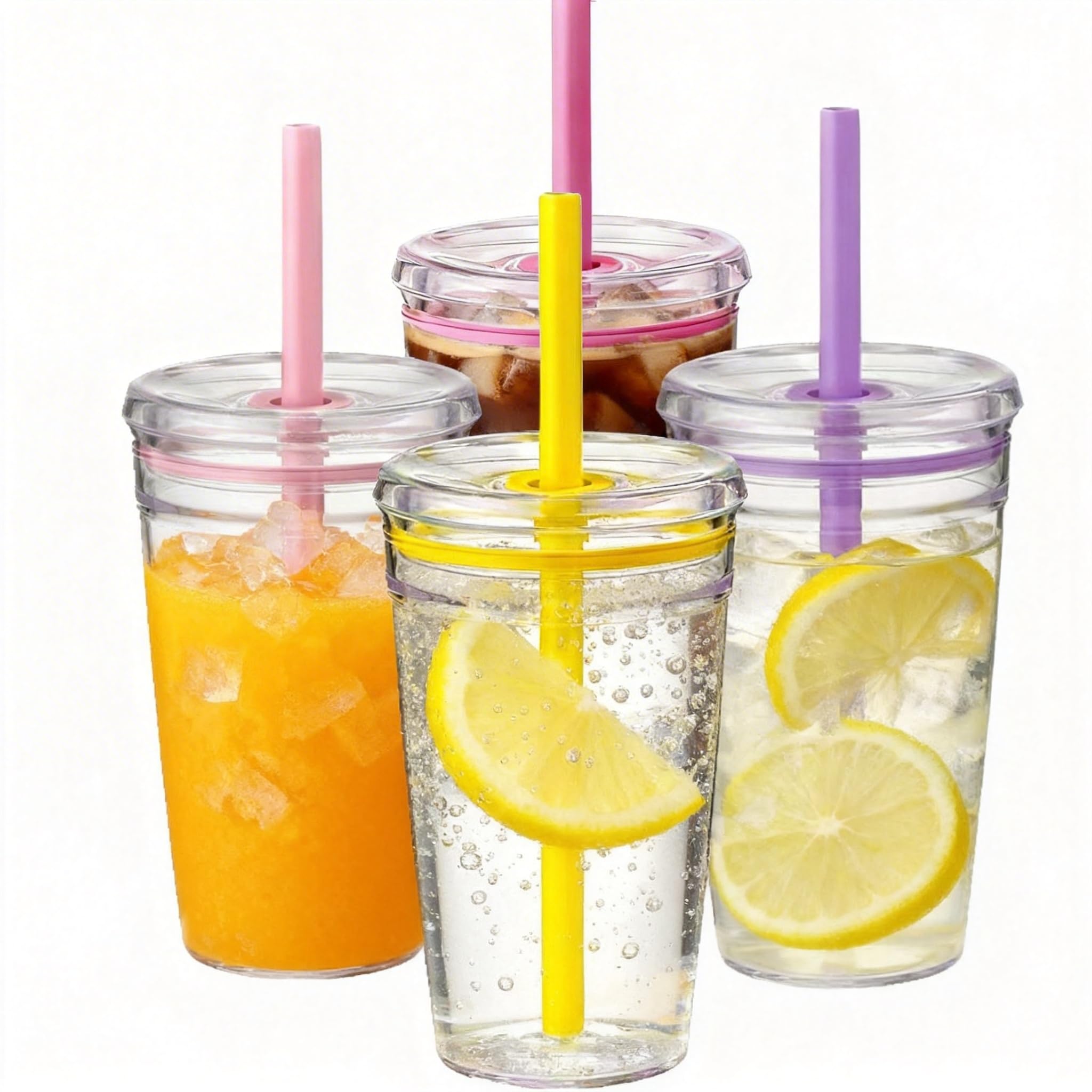 Yisituo 4 Pack 450ml Clear Plastic Iced Coffee Travel Cups, Reusable with Lids and Straws, for Cold Hot Beverages (4, Light Colour)
