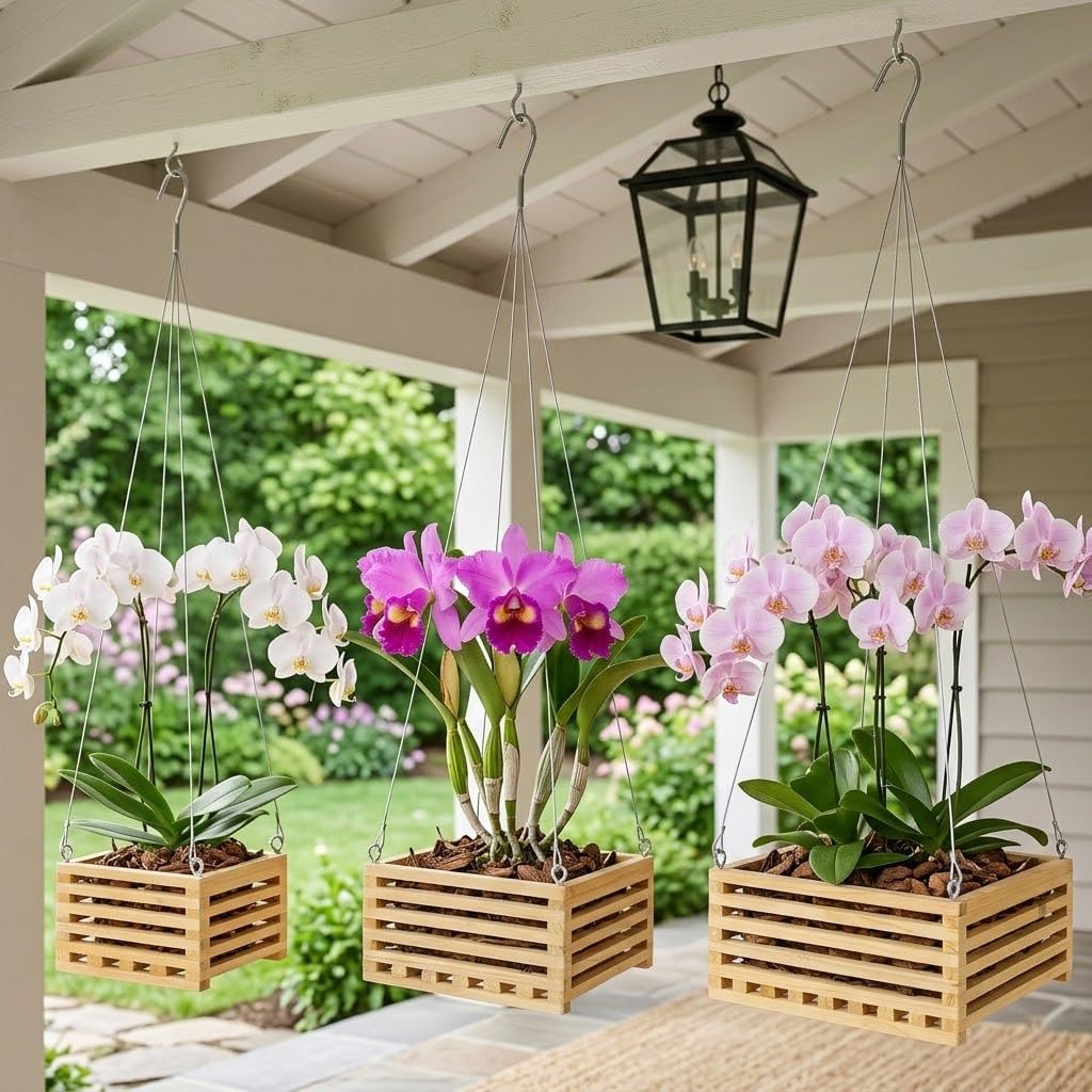 Wooden Orchid Baskets with Hangers for Ferns & Vandas, 6", 8" & 10" Square Wood Hanging Planter Set for Patio, Balcony Decor, Garden Flower Pots for Indoor Outdoor Plants, 3 Pack