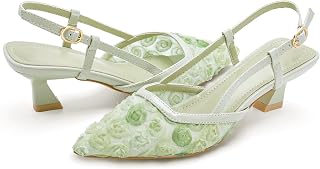Close Toe Pump Shoes for Women Pointed Toe Slingback Flowers Floral Kitten Heels Sandals Dressy Heeled Sandals Wedding Bridal Dressy Shoes