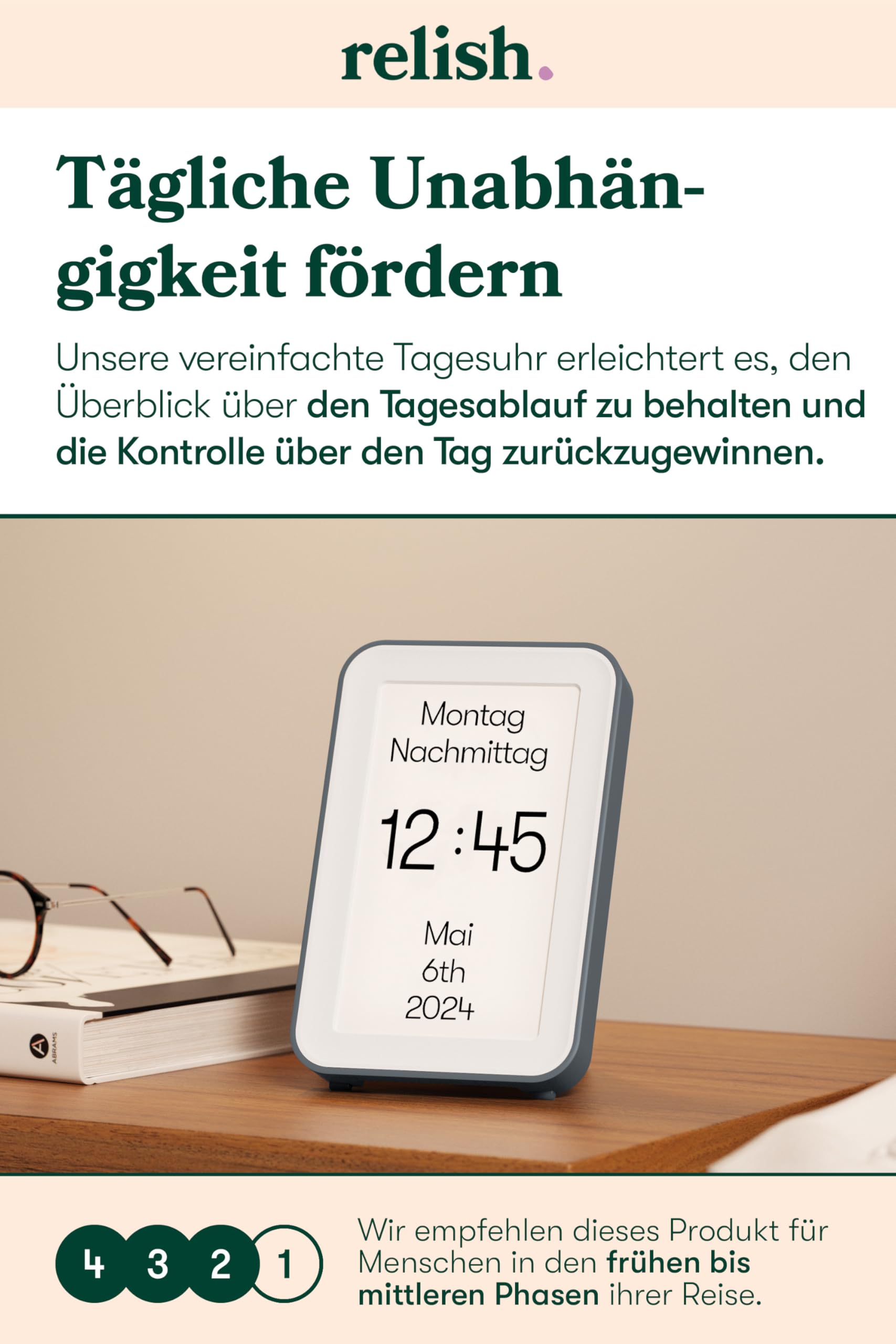 Relish - Demenzuhr Day Connect, Digitale Kalenderuhr mit Tag, Datum und Uhrzeit, großes übersichtliches Display, personalisierte Optionen
