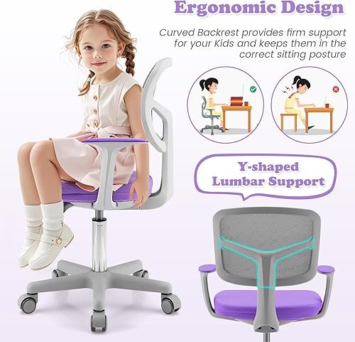 Miniatura 22 de Giantex Silla de escritorio para niños, silla de computadora para niños con ruedas y soporte lumbar en forma de Y, asiento de estudio para niños,
