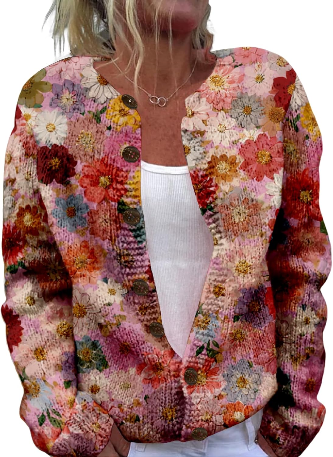 Women's Floral Long Sleeve Cardigan Sweater Cute Butterflies V Neck Open Front Button Down Knit Cardigan Coats