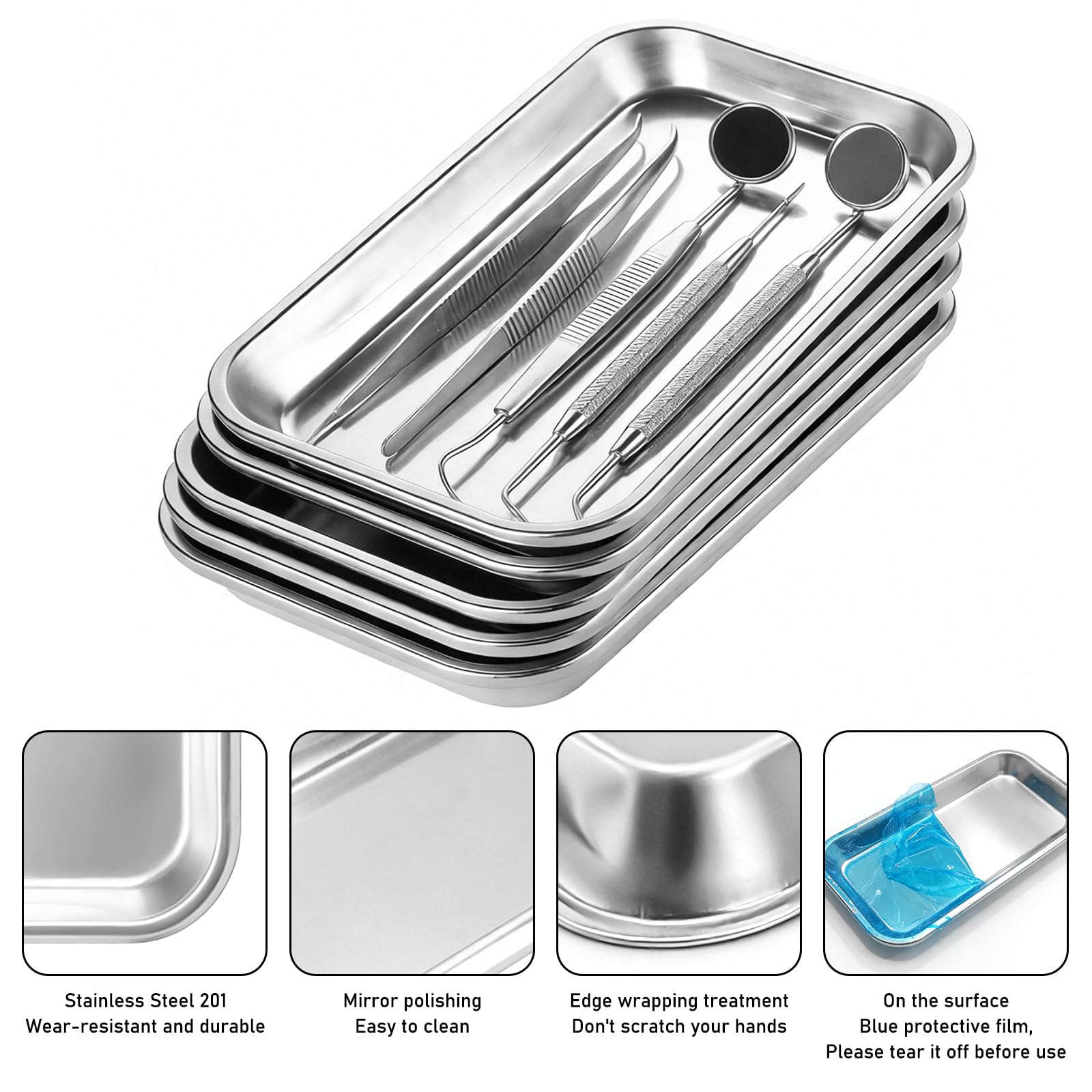 10 Stück Instrumententablett Edelstahl, 22.5 x 11.7 x 2 cm Edelstahl Schale Rechteckig, Labortablett Tablett Klein, Laborschalen, Metalltablett Rechteckige, Einsatz in Laboratorien, Krankenhäuser