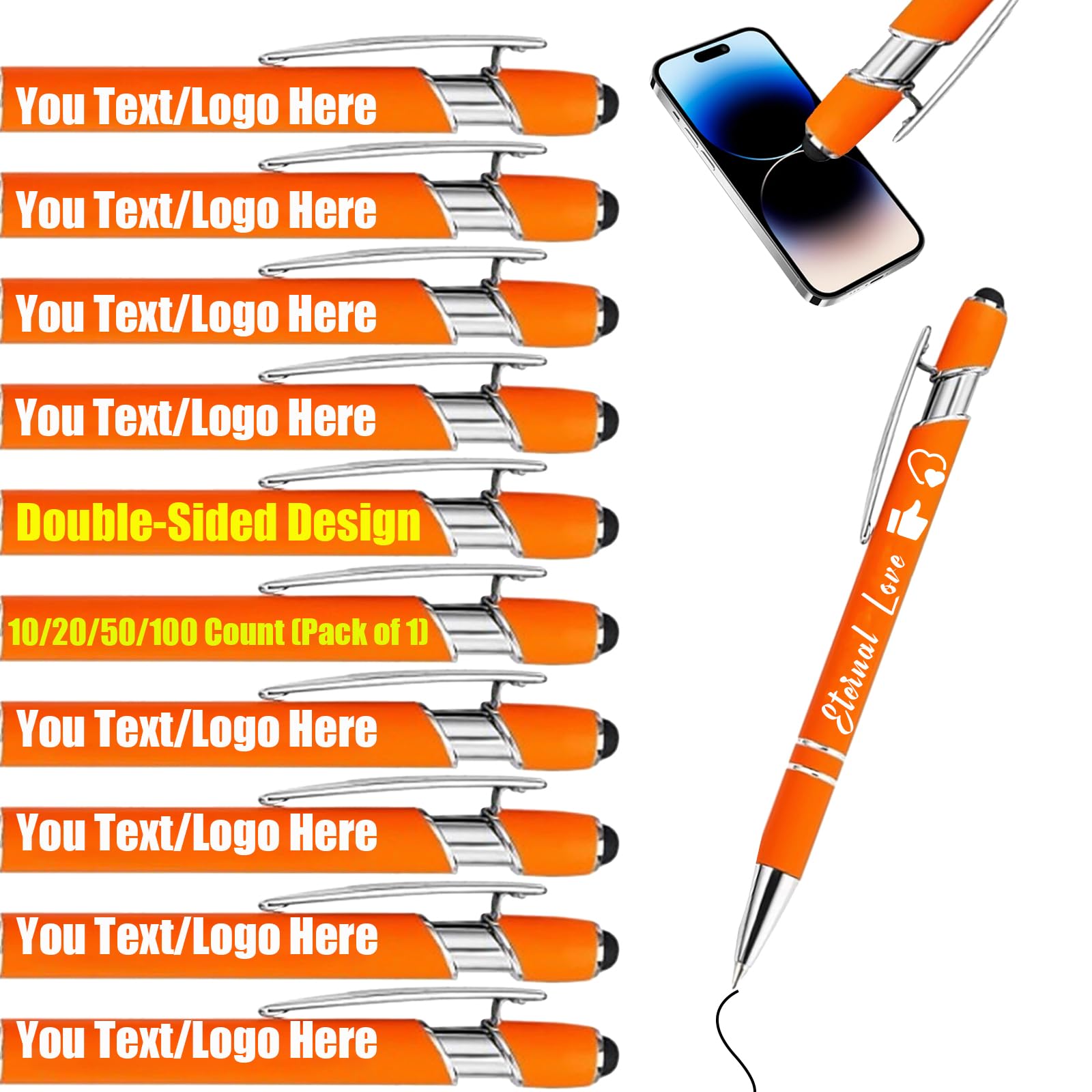 Personalised Gel Ink Rollerball Pens Bulk, Retractable Ballpoint Pens, Customised Laser Engraved Stylus with Name,Text,Logo Metal Ballpoint Pen Gift for Office Business School Saffron 10 PC โ image 1