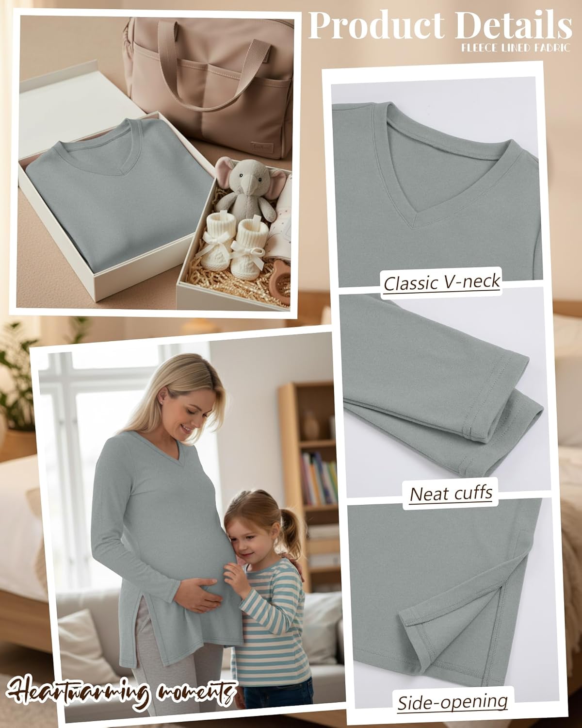3 Pack Women's Thermal Maternity Shirts Fleece Lined Long Sleeve Tops Split Side V Neck Pregnancy Clothes - Image 5