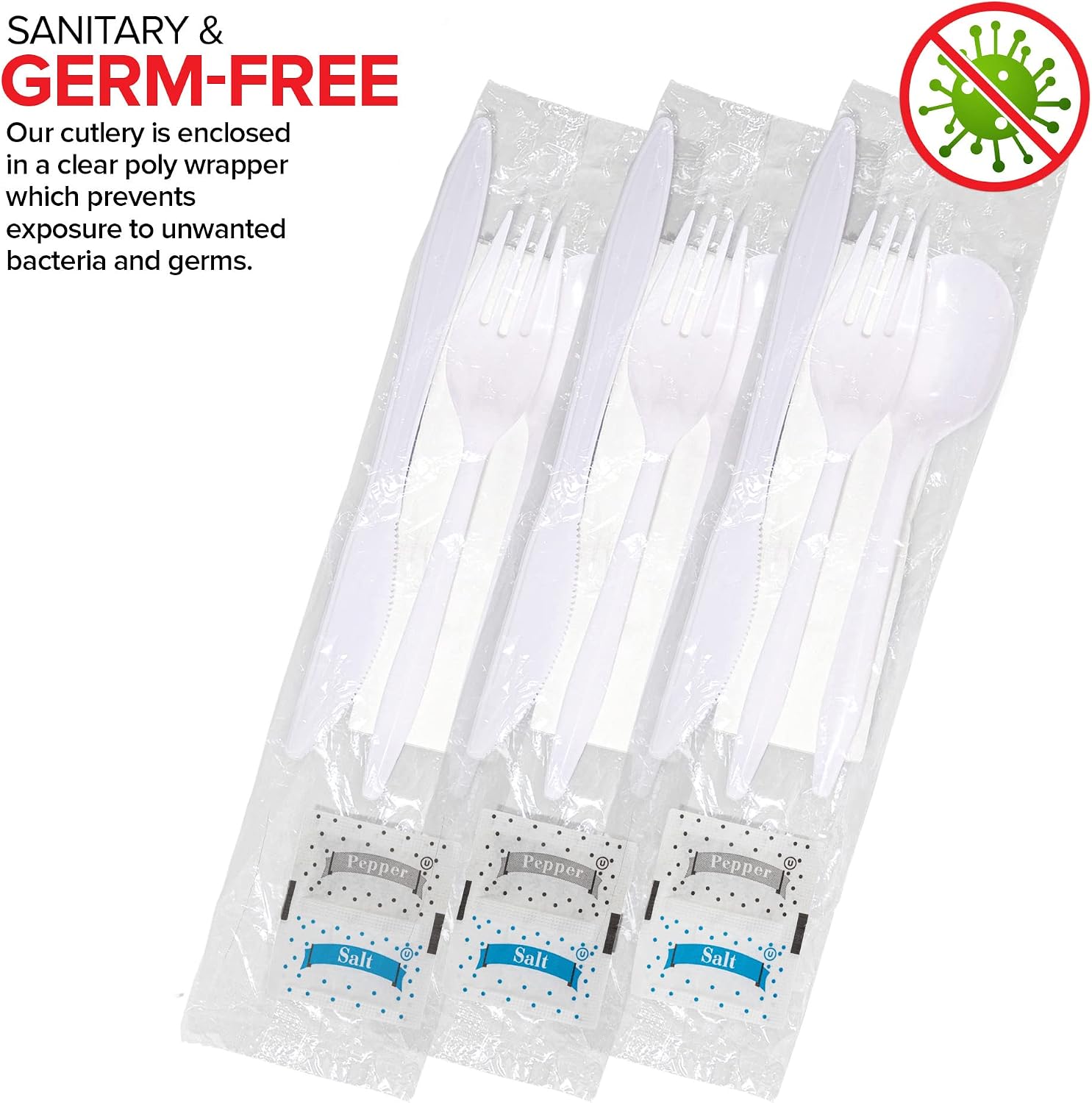 Individually Wrapped Plastic Cutlery Set with Napkin + Salt & Pepper Packets in White (50 Count) Prewrapped Disposable Silverware Bags, Bulk Utensils: Fork, Knife, and Spoon for Togo Eating