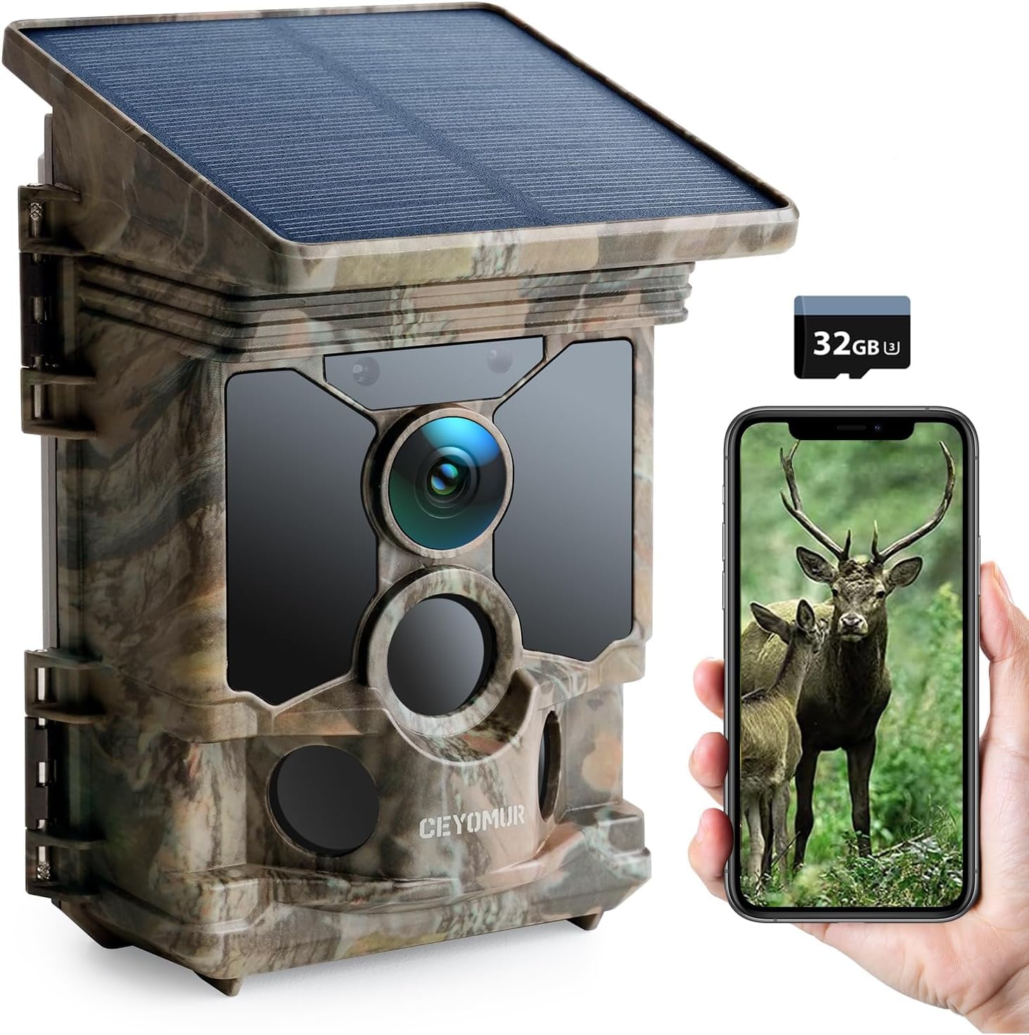 CEYOMUR Solar WLAN Bluetooth Wildkamera Handyübertragung, 4K 30fps 46MP Jagdkamera, mit Bewegungsmelder Nachtsicht IP66 Wasserdicht für Wildtier Überwachung mit U3 32GB Micro SD-Karte