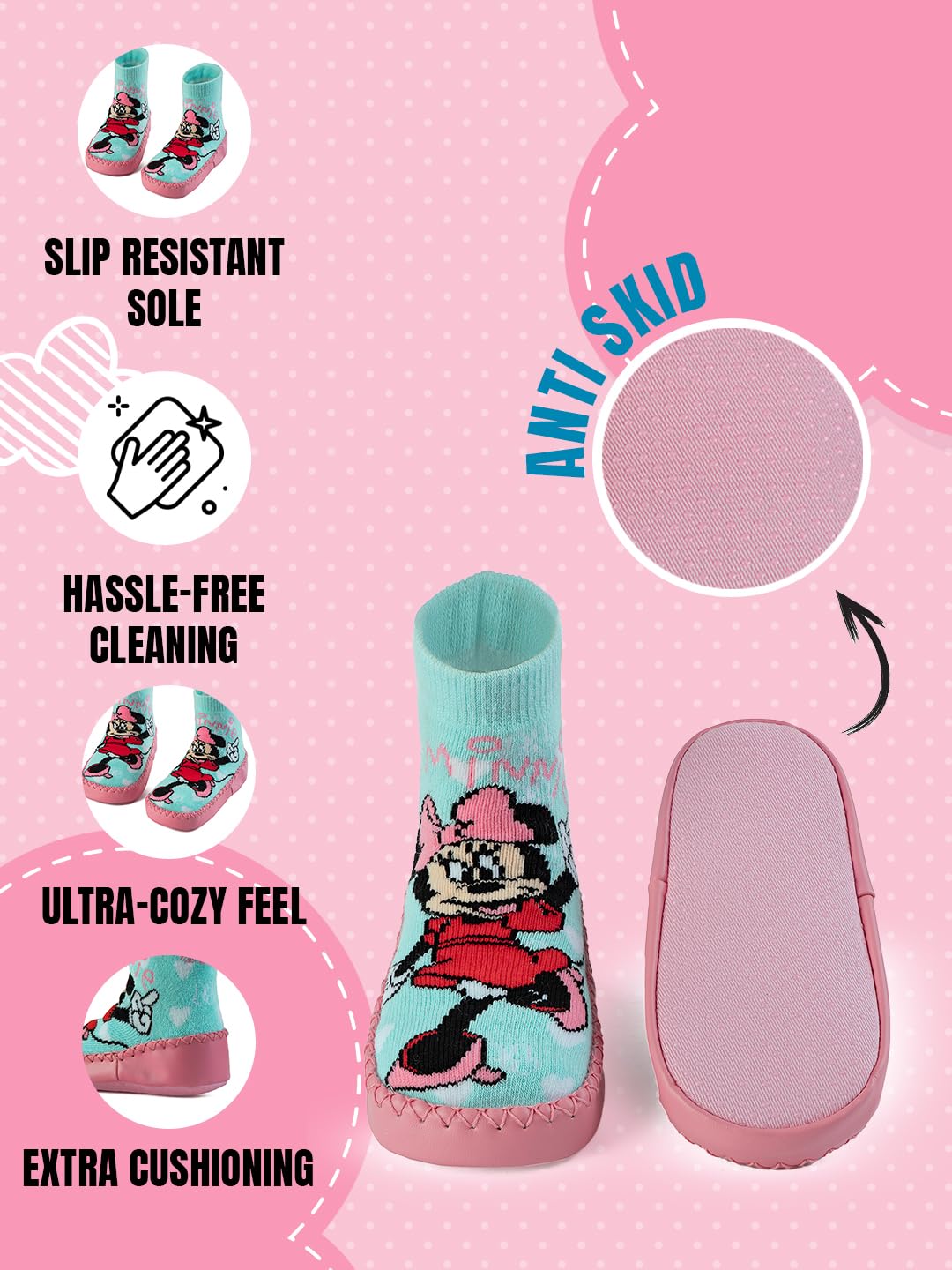 Yellow Bee Girls' Disney Minnie Mouse Cozy Leather Socks - Aqua & Pink, 12-24 Months - Image 5 thumbnail