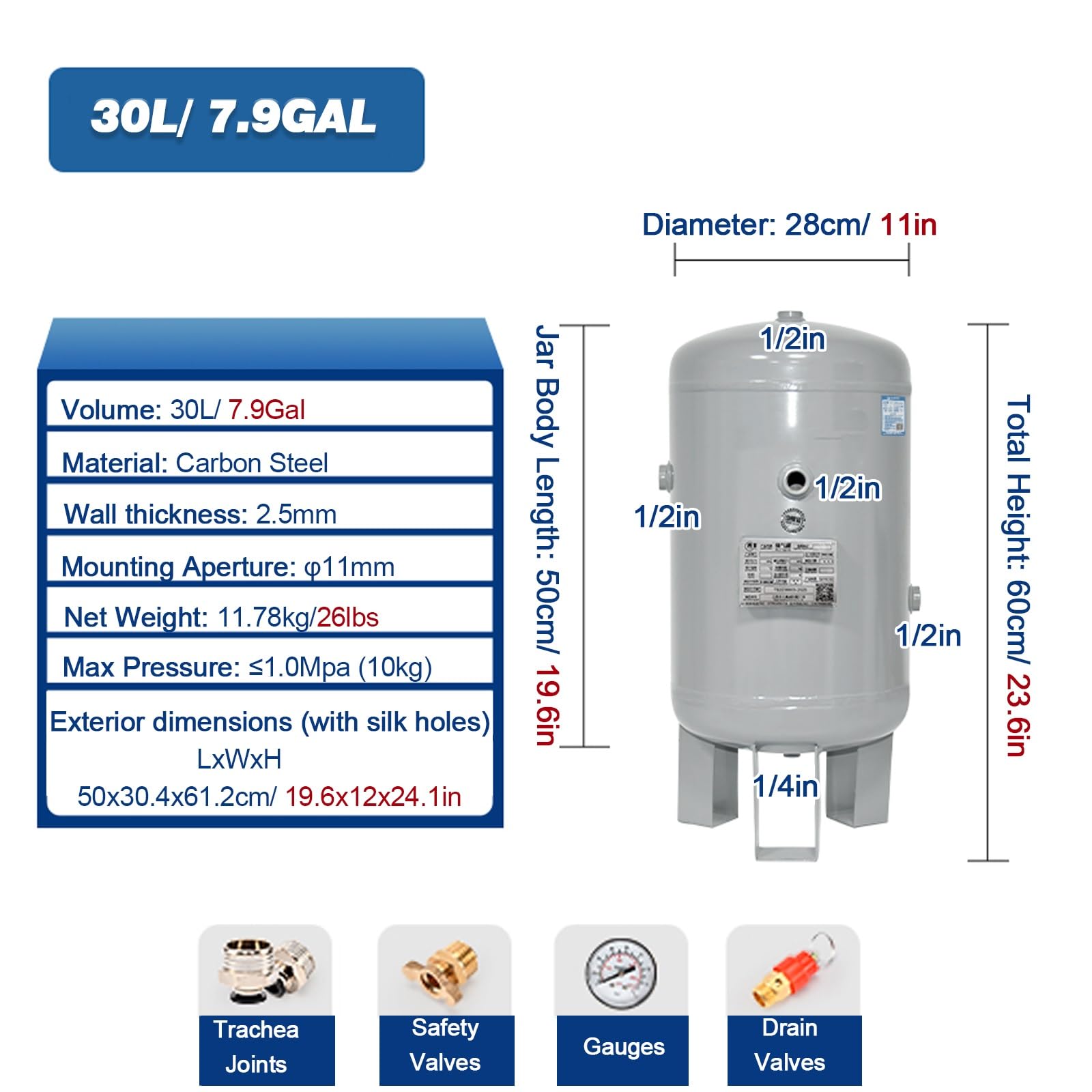 Serbatoio d'aria compressa portatile ad alta pressione in acciaio al carbonio verticale da 10 l/2,64 galloni, 20 l/5,3 galloni, 30 l/7,9 galloni, 50 l/13,2 galloni, 60 l/15,8 galloni, 80 l/21 galloni,