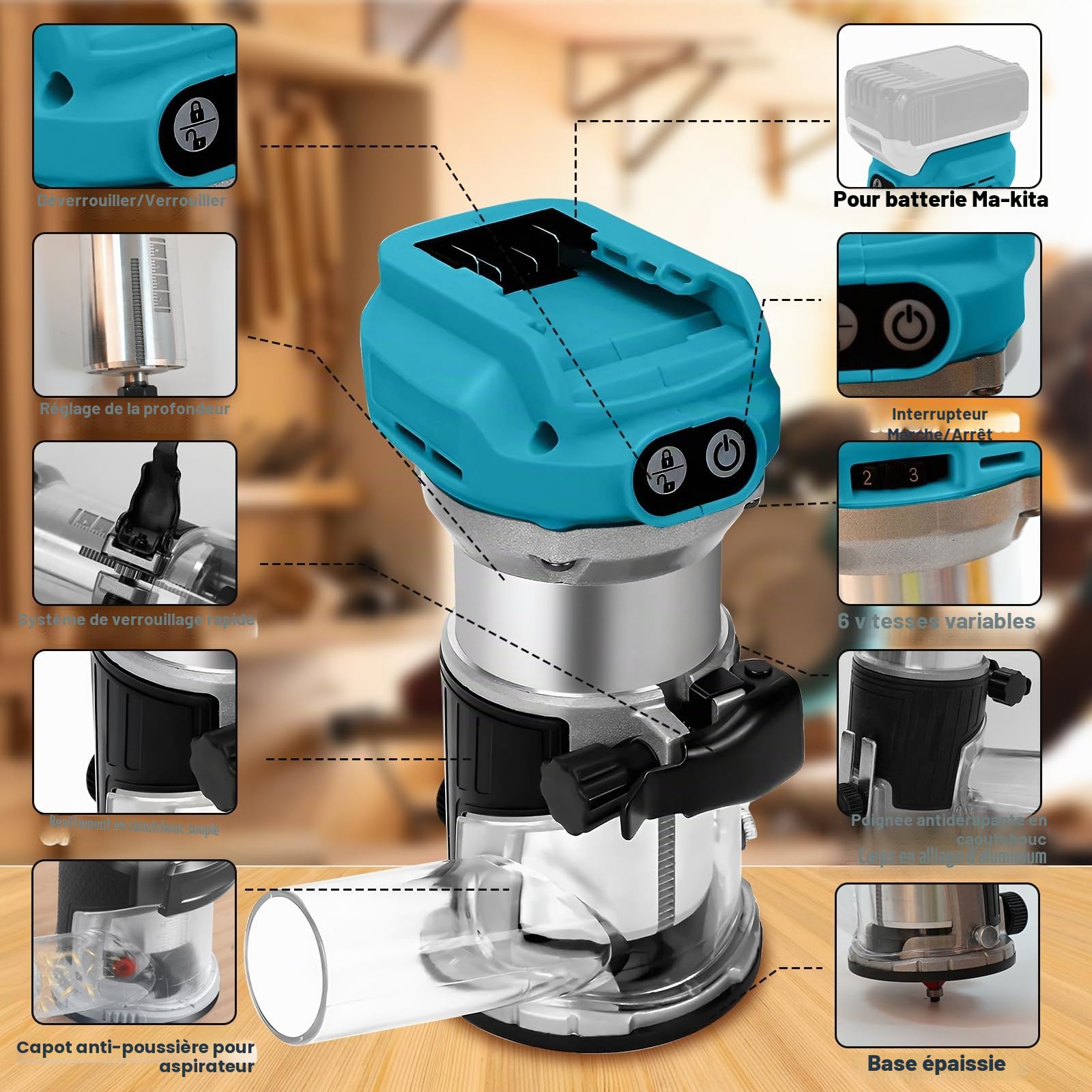Routeur électrique sans fil compatible avec batterie Makita 18 V/20 V, coupe-bordure sans balais avec 6 vitesses, 800 W 30 000 tr/min, avec fraises de découpe, guide de bord et rouleau (bleu pour
