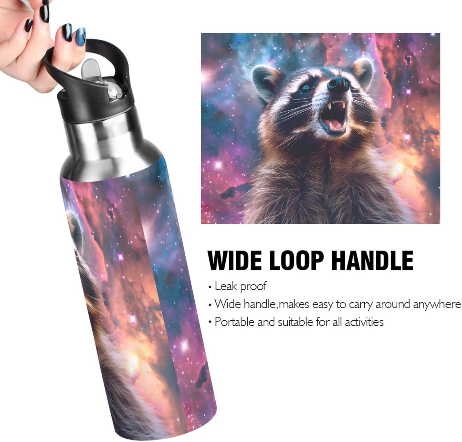 Raccoon with Galaxy Water Bottle with Straw Lid Kids Insulated Stainless Steel Water Flask Sports, 20 Oz Hot Cold - Image 2