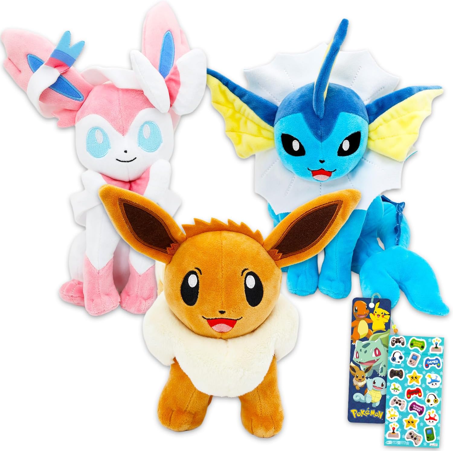Pokemon Plushie Set - Bundle with 3 Eeveelution Plush 8" Figures: Vaporeon, Sylveon, and Eevee Plus Bookmark, More | Pokemon Stuffed Animals Variety Pack