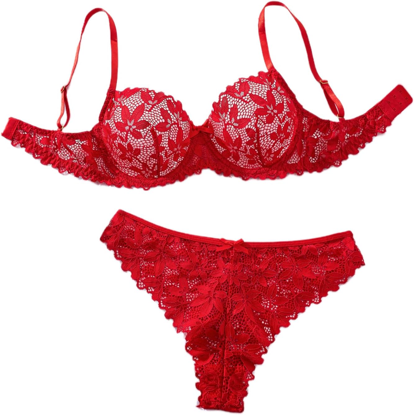 Women Floral Lace Lingerie Set, Red Underwire Bra and Panty Set, Adjustable Straps Sexy Intimates