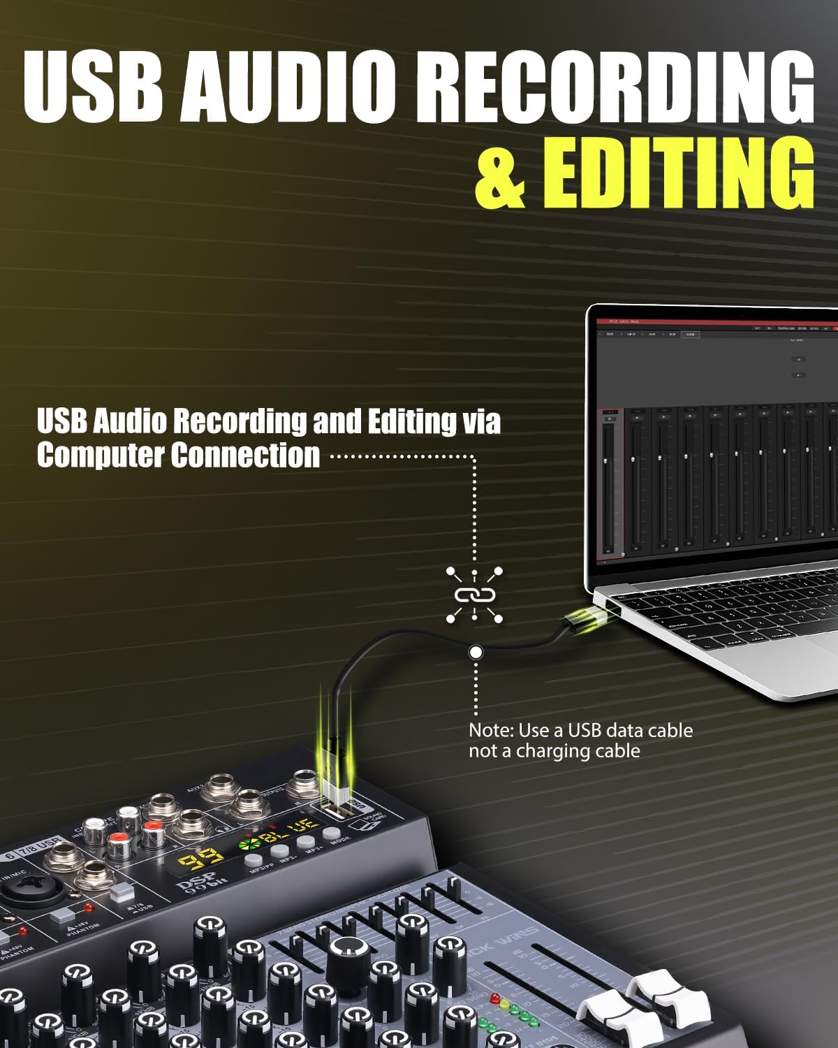 8 Channel mixer professional Audio Mixer, dj mixer with Individual Channel Control, per-channel 48V switching and USB Audio Recording & Editing via Computer