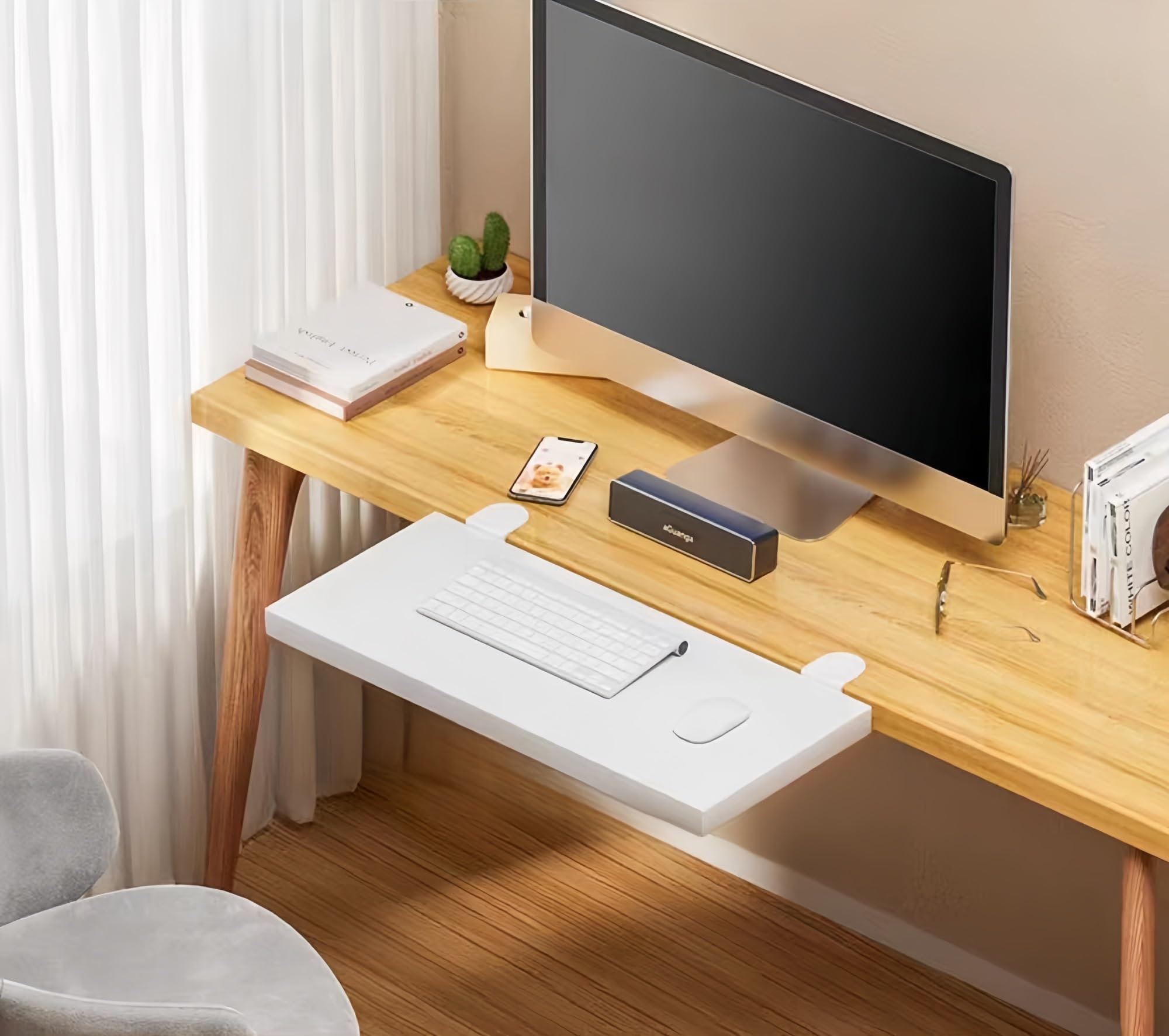 Desktop Extender Tray, 20/30*40/60/80/100/120cm Ergonomic Desk Extension Tray, Punch-free Clip-on Desk Extension Rack, Keyboard Drawer Tray, Computer Elbow Arm Support for Home Office(White,30*80cm)