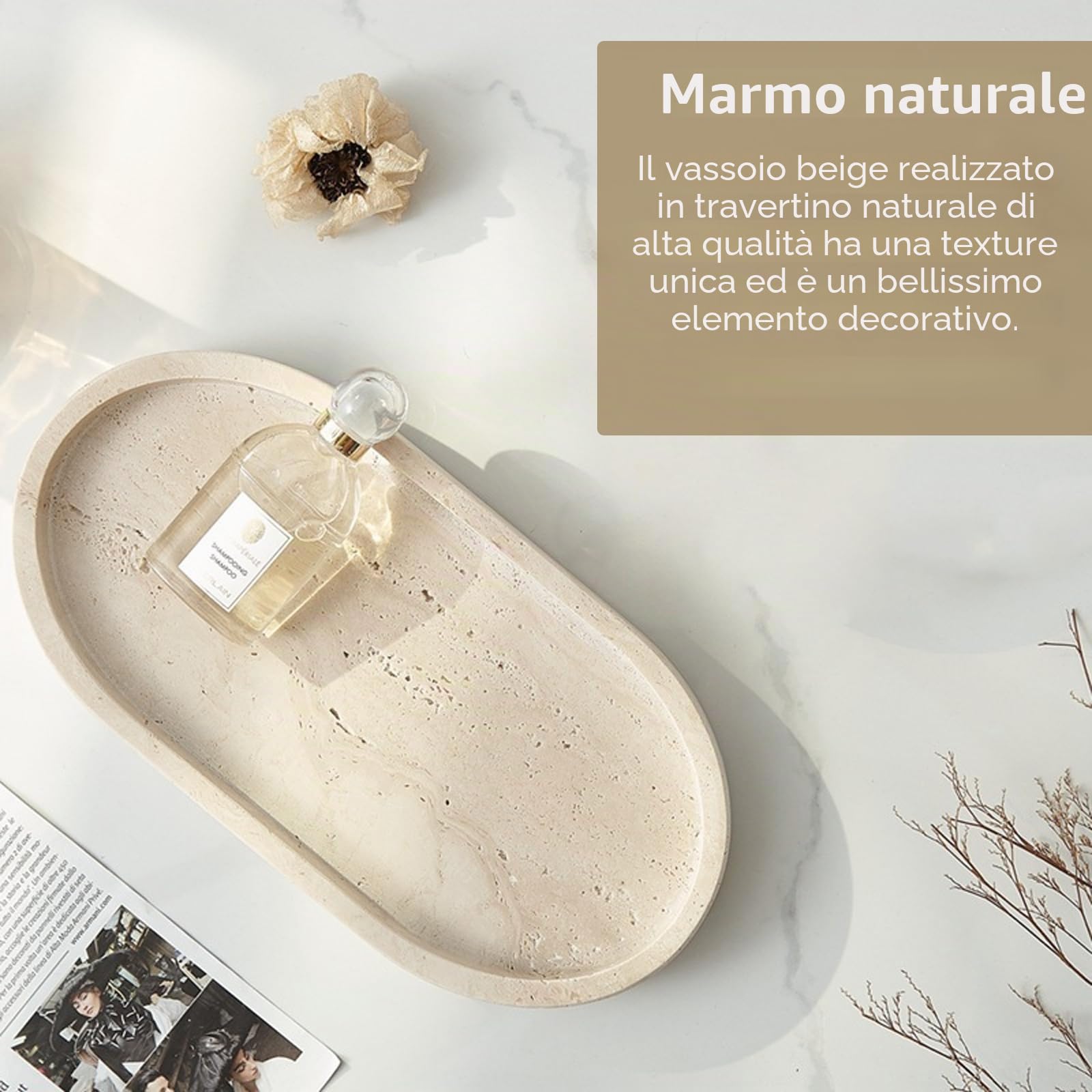 Vassoio, 25 x 12 cm Vassoio Portaoggetti Ovale da Bagno in Travertino Beige Scatola di Immagazzinaggio con Bordo Rialzato per Prodotti Cosmetici Prodotti per la Cura Della Pelle Gioielli Profumi